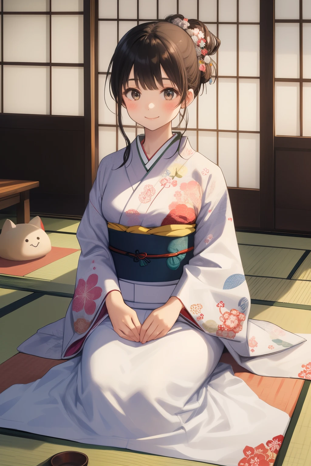   score_9,   score_8_up,   score_7_up,   score_6,   score_5_up,   score_4_upanime break， It's a quiet traditional Japanese-style room with tatami mats and shoji doors 、 soft light shines in .  A woman wearing a beautifully patterned kimono and obi is gently holding the girl.  They are both looking at each other with a warm smile . The girl is wearing a small kimono ,  Her hair is tied in a simple chignon .  The room is full of toys and ren's books ,  creates a cozy atmosphere, 8k, Photo Style, Girl Temptation，