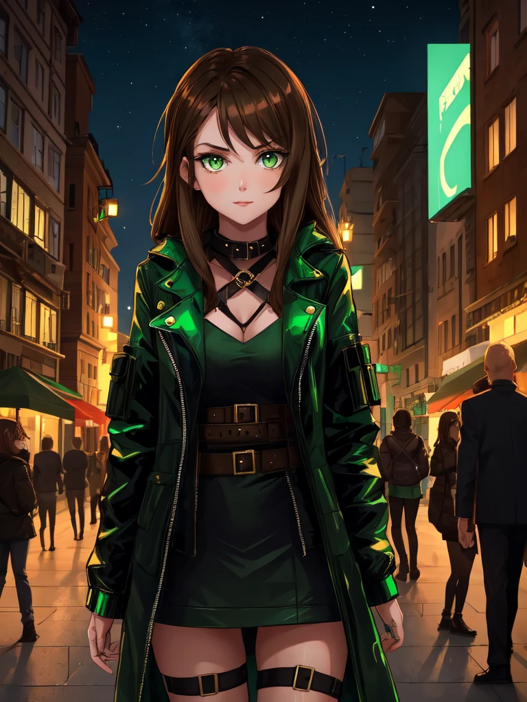  girl with brown hair,  green eyes , in a dark cyberpunk outfit, in the city square, at night