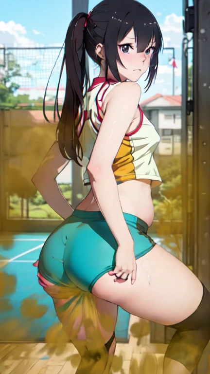 High resolution, high quality, 1 girl, anime girl,NSFW,Induce defecation,(Raised anus:1.6), brown long hair, brown eyes,heart shaped pupils, green glasses, sunburned skin, big breasts,beautiful breasts,pointy breasts,long nipples,erect nipples,(big ass),beautiful ass,ahegao,bottomless,white school swimsuit,anal,sex,squatting,arms behind head,(drink lots of juice),(Inflate your stomach),(lemonade),(lemon juice),(orange juice),(mango juice),(Pineapple juice),(apple juice),(peach juice),(water),at cafe,