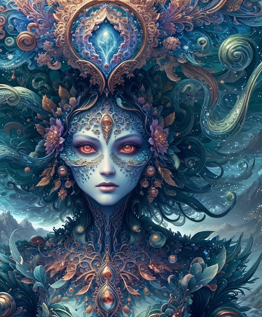 (masterpiece), best surreal masterpiece, top quality, best quality, official art, beautiful and aesthetic:1.2) , green skin godess and god ,ren ,extreme detailed,colorful,highest detailed, official art, unity 8k wallpaper, ultra detailed, beautiful and aesthetic, beautiful,fractal art, mystical and otherworldly, with intricate fur and piercing eyes, in the breathtaking mountain landscape of NCWinters.