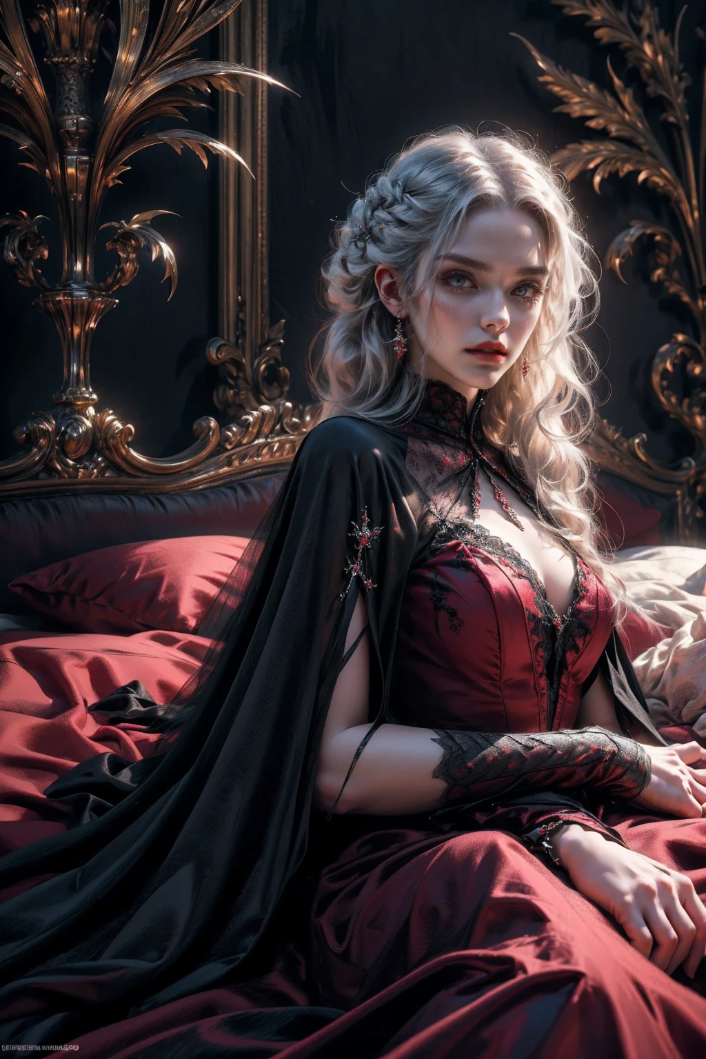 (beautiful vampire woman, pale skin, very long white hair, (red eyes), black gown, black victorian dress, piercing look, red lipstick, laying on the bed, 4k, 8k, highres, masterpiece:1.2, ultra-detailed, realistic, photorealistic:1.37, HDR, UHD, studio lighting, ultra-fine painting, sharp focus, physically-based rendering, extreme detail description, professional, vivid colors, bokeh, portraits)