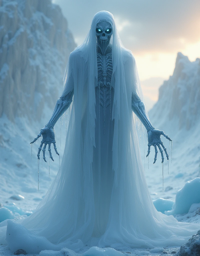 The cursed ice specter hovers motionless, haunting the heart of a desolate and frozen desert. A faint spectral glow outlines its translucent form, giving it the impression of being both present and disappearing into the icy mist. The expanse of ice below is shattered, as if it had been fractured by an ancient power, with shards capturing the last light of a setting sun, casting a deep and dark glow over the landscape. Above, the sky is a changing tapestry of cold blues, stormy grays, and pale pinks, marking the twilight hours as the world sinks into darkness. The body of the specter is ghostly and almost transparent, but it is covered with a layer of jagged frost crystals that jut outward like sharp and dangerous thorns. A sinister mask, resembling a twisted blend of bone and ice, conceals its face, revealing only two strange pale blue eyes. These eyes shimmer with a cold and supernatural light that pierces the twilight, cutting through the darkness like the gaze of a predator. Skeletal hands extend beneath the torn white shroud of the specter, each finger incredibly elongated and covered in frost that billows like icy vapor. As it hovers, faint tendrils of icy mist wrap around it, spreading like the smoke from a forbidden fire. The veil itself is ghostly and tattered, as if made of a frozen fog that flows around its form, drifting in the wind that sweeps across the frozen earth. Sharp shadows, tinged with a metallic sheen, dance along the silhouette of the specter, casting an aura of terror and icy calm.