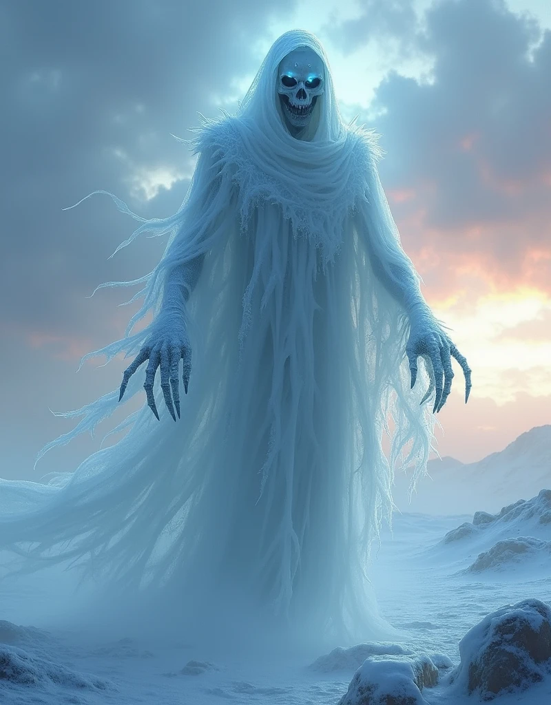 The cursed ice specter hovers motionless, haunting the heart of a desolate and frozen desert. A faint spectral glow outlines its translucent form, giving it the impression of being both present and disappearing into the icy mist. The expanse of ice below is shattered, as if it had been fractured by an ancient power, with shards capturing the last light of a setting sun, casting a deep and dark glow over the landscape. Above, the sky is a changing tapestry of cold blues, stormy grays, and pale pinks, marking the twilight hours as the world sinks into darkness. The body of the specter is ghostly and almost transparent, but it is covered with a layer of jagged frost crystals that jut outward like sharp and dangerous thorns. A sinister mask, resembling a twisted blend of bone and ice, conceals its face, revealing only two strange pale blue eyes. These eyes shimmer with a cold and supernatural light that pierces the twilight, cutting through the darkness like the gaze of a predator. Skeletal hands extend beneath the torn white shroud of the specter, each finger incredibly elongated and covered in frost that billows like icy vapor. As it hovers, faint tendrils of icy mist wrap around it, spreading like the smoke from a forbidden fire. The veil itself is ghostly and tattered, as if made of a frozen fog that flows around its form, drifting in the wind that sweeps across the frozen earth. Sharp shadows, tinged with a metallic sheen, dance along the silhouette of the specter, casting an aura of terror and icy calm.