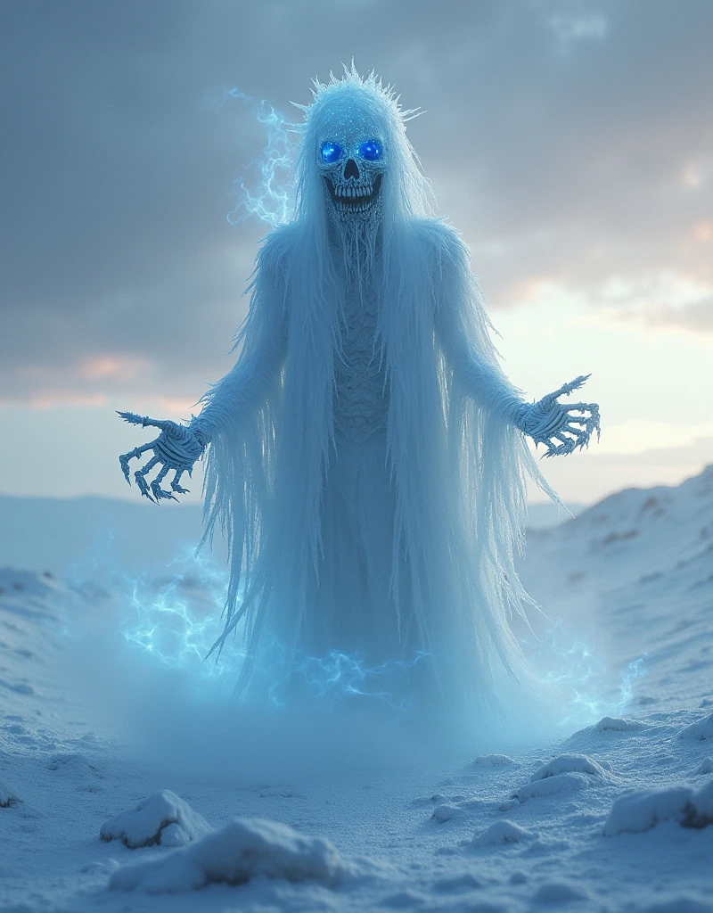 The cursed ice specter hovers motionless, haunting the heart of a desolate and frozen desert. A faint spectral glow outlines its translucent form, giving it the impression of being both present and disappearing into the icy mist. The expanse of ice below is shattered, as if it had been fractured by an ancient power, with shards capturing the last light of a setting sun, casting a deep and dark glow over the landscape. Above, the sky is a changing tapestry of cold blues, stormy grays, and pale pinks, marking the twilight hours as the world sinks into darkness. The body of the specter is ghostly and almost transparent, but it is covered with a layer of jagged frost crystals that jut outward like sharp and dangerous thorns. A sinister mask, resembling a twisted blend of bone and ice, conceals its face, revealing only two strange pale blue eyes. These eyes shimmer with a cold and supernatural light that pierces the twilight, cutting through the darkness like the gaze of a predator. Skeletal hands extend beneath the torn white shroud of the specter, each finger incredibly elongated and covered in frost that billows like icy vapor. As it hovers, faint tendrils of icy mist wrap around it, spreading like the smoke from a forbidden fire. The veil itself is ghostly and tattered, as if made of a frozen fog that flows around its form, drifting in the wind that sweeps across the frozen earth. Sharp shadows, tinged with a metallic sheen, dance along the silhouette of the specter, casting an aura of terror and icy calm.