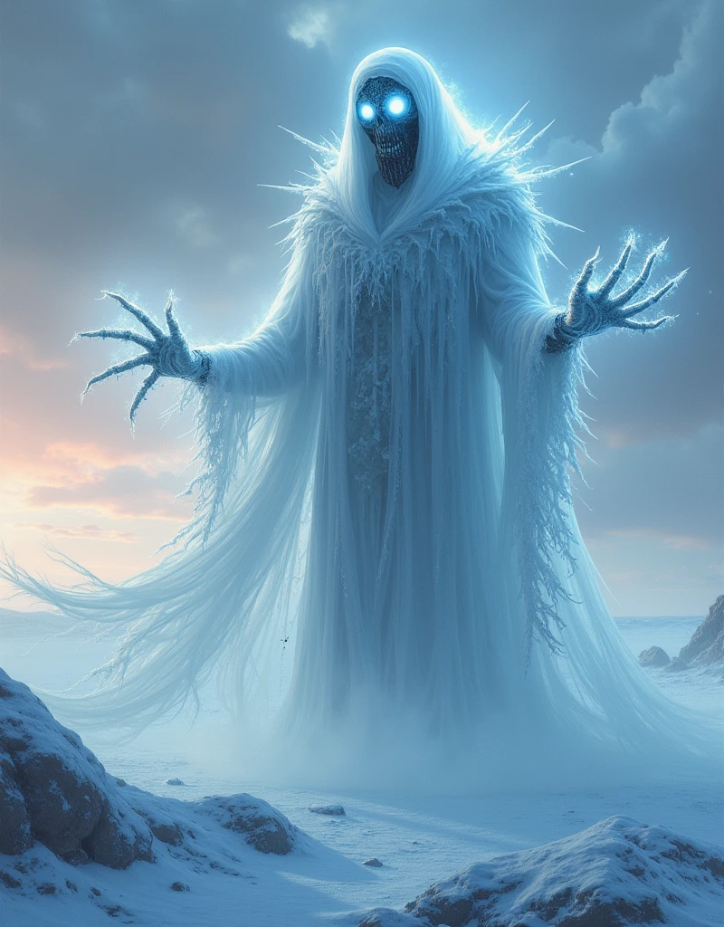 The cursed ice specter hovers motionless, haunting the heart of a desolate and frozen desert. A faint spectral glow outlines its translucent form, giving it the impression of being both present and disappearing into the icy mist. The expanse of ice below is shattered, as if it had been fractured by an ancient power, with shards capturing the last light of a setting sun, casting a deep and dark glow over the landscape. Above, the sky is a changing tapestry of cold blues, stormy grays, and pale pinks, marking the twilight hours as the world sinks into darkness. The body of the specter is ghostly and almost transparent, but it is covered with a layer of jagged frost crystals that jut outward like sharp and dangerous thorns. A sinister mask, resembling a twisted blend of bone and ice, conceals its face, revealing only two strange pale blue eyes. These eyes shimmer with a cold and supernatural light that pierces the twilight, cutting through the darkness like the gaze of a predator. Skeletal hands extend beneath the torn white shroud of the specter, each finger incredibly elongated and covered in frost that billows like icy vapor. As it hovers, faint tendrils of icy mist wrap around it, spreading like the smoke from a forbidden fire. The veil itself is ghostly and tattered, as if made of a frozen fog that flows around its form, drifting in the wind that sweeps across the frozen earth. Sharp shadows, tinged with a metallic sheen, dance along the silhouette of the specter, casting an aura of terror and icy calm.