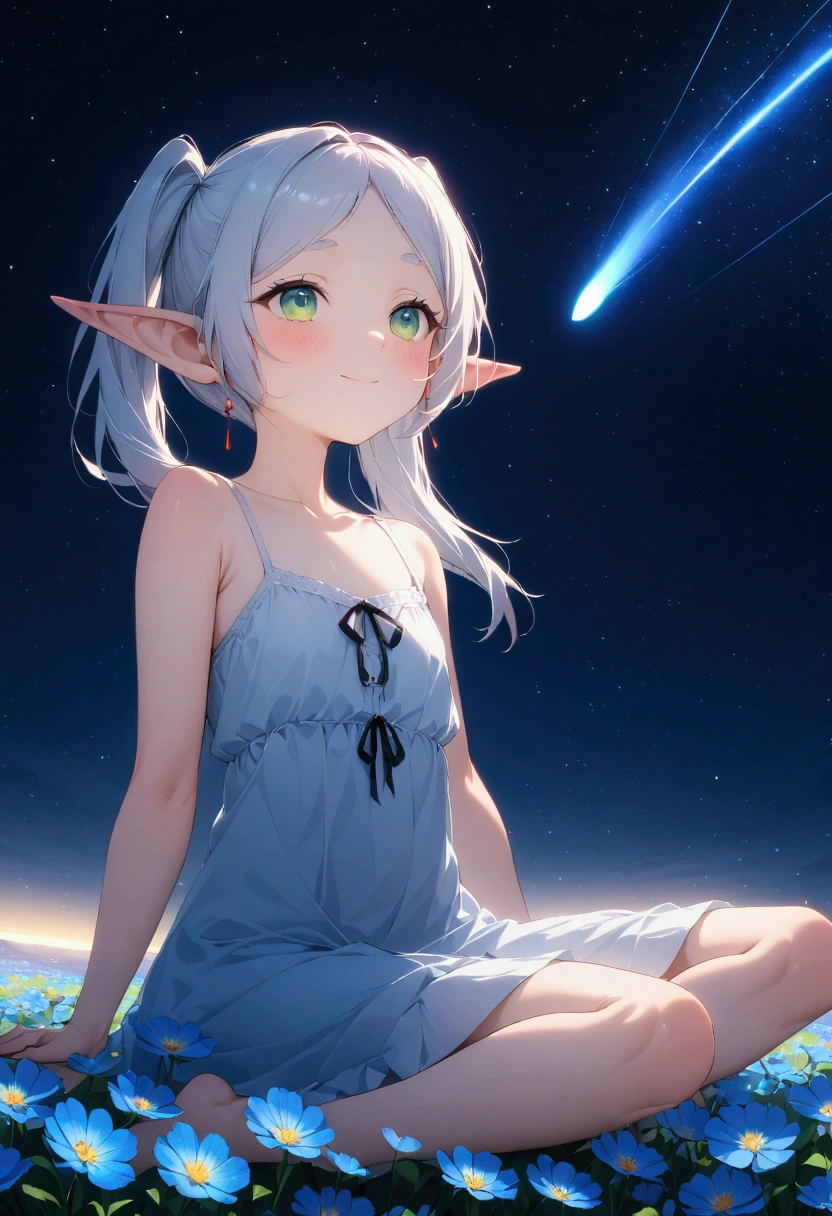  High image quality 、masterpiece、    high quality、Full HD、4K、画面の半分以上をNight Sky、 A girl is sitting on the ground 、Side view、 Funeral Freelen、  silver hair、  twin tails、 Green Eyes、Elf Ears、   white camisole、  flat chest、blush 、 空を look up  、 look up 、smile、Blue Flower Field、Night Sky、  shooting stars、Meteor Shower