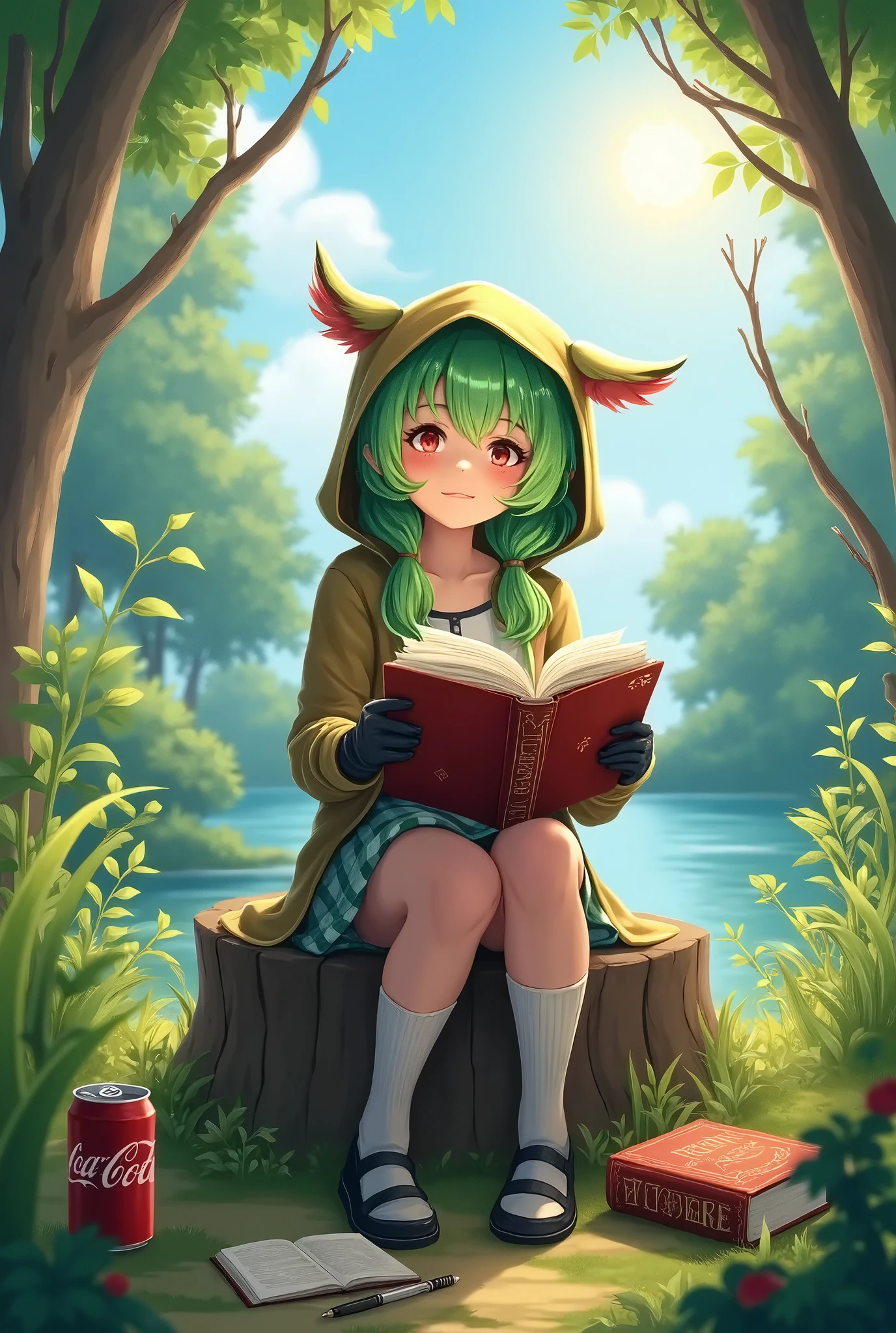 Anime girl sitting on a stump reading a book in the woods - SeaArt AI