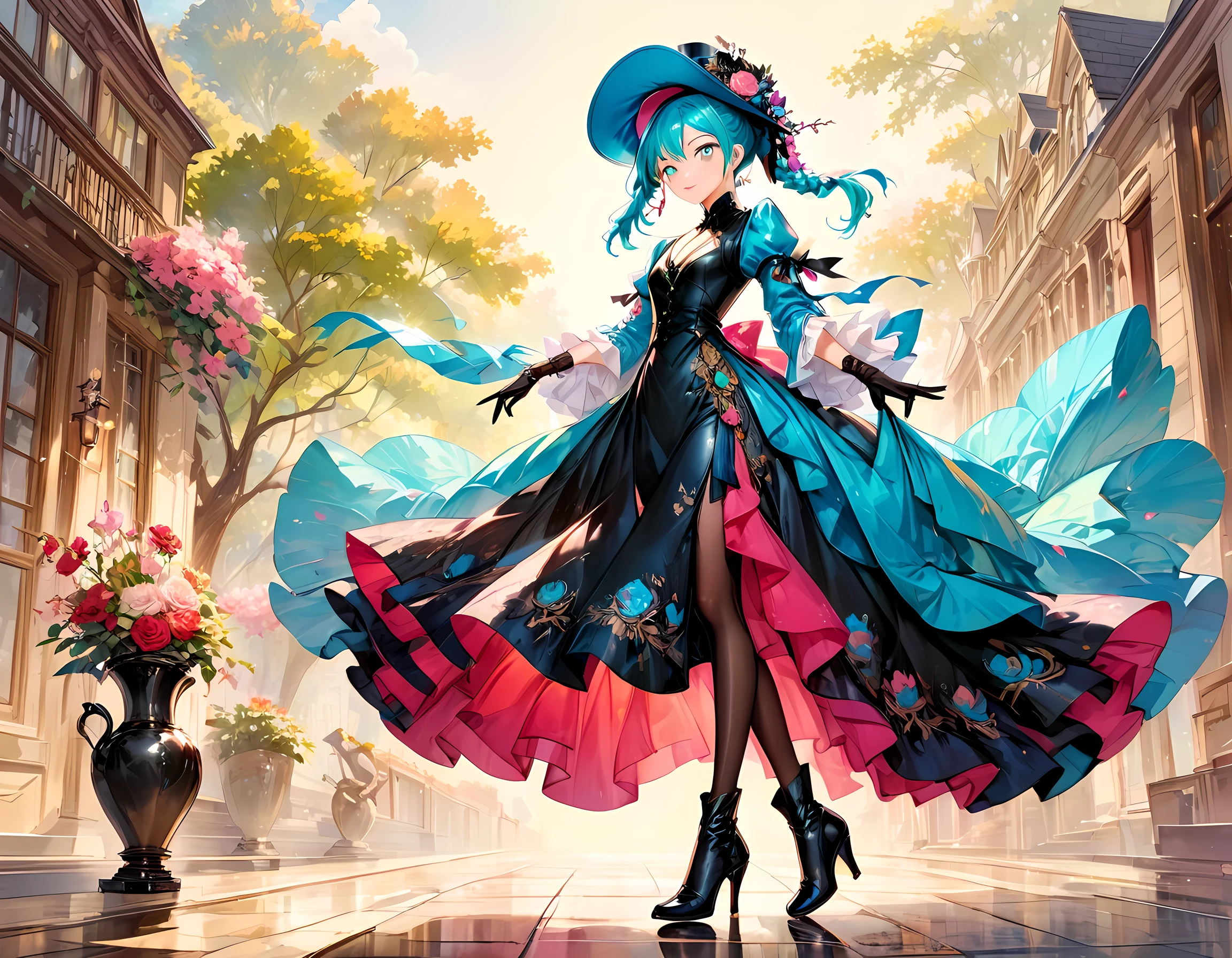 Una hermosa vaquera. She is in the middle of the street in a small village. She holds two large revolvers......, uno en cada mano, Usar ropa de mezclilla, un sombrero y botas altas. Su cabello es largo y rizado. It's a spectacular full-body image with a low upward tilt angle..