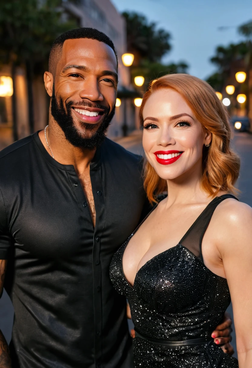Caucasian actress Caty Lotz and a handsome African American male whose facial features are a combo of Christian Keyes + Charles Michael Davis + Omari Hardwick pose together for a photo. Both are smiling. Both are attired attractively but casually for a date. Caty has lovely makeup on her face. Daytime. Romantic ambiance. Symmetrical eyes. Symmetrical faces. Lovely details. Photorealistic. Full-colored photo. Professional photo. Highly detailed 8K.
