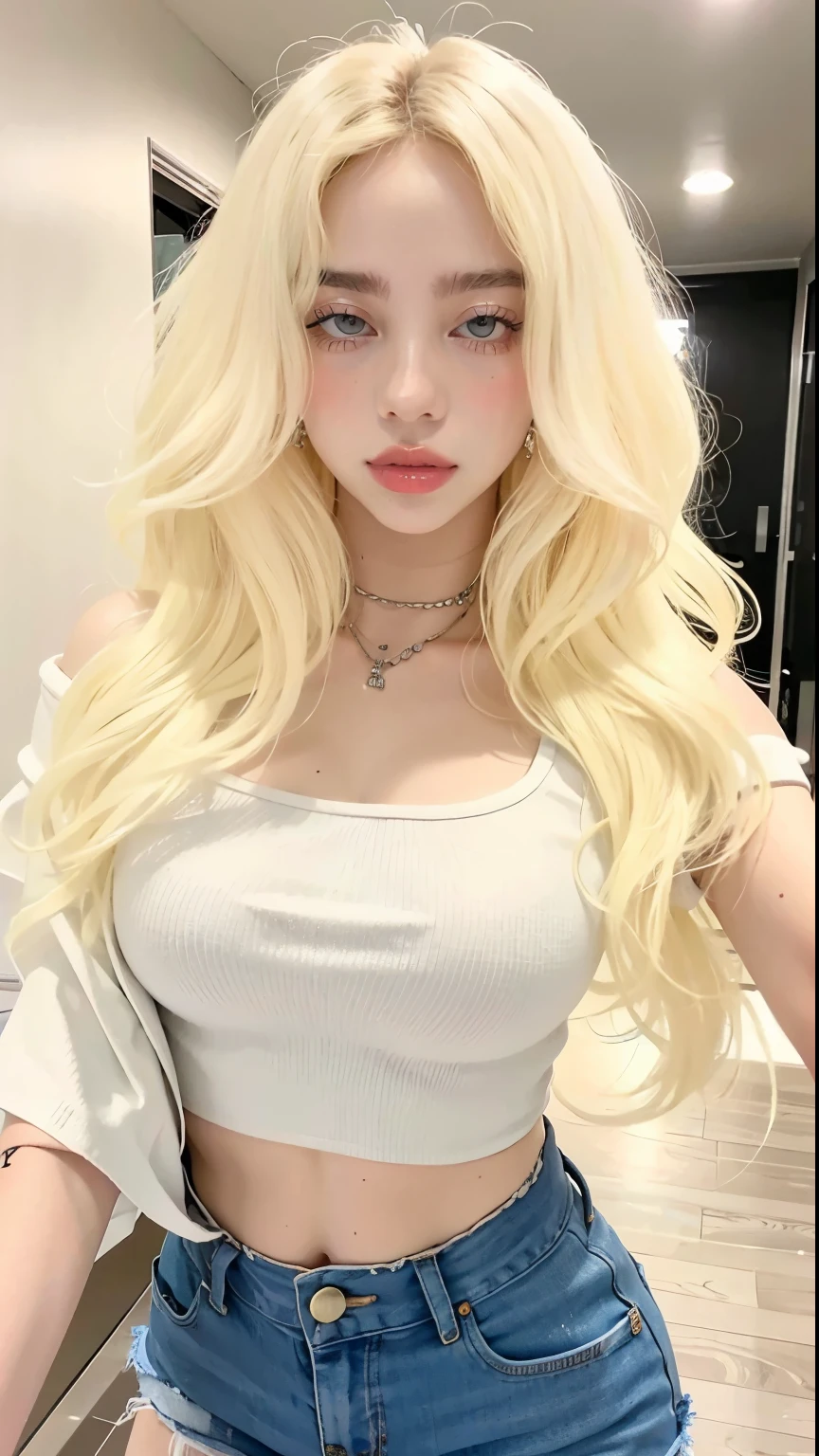 mulher loira com longos cabelos ondulados e camisa branca, ava max, Retrato de Kim Petras, extremely pale blond hair, very very pale blond hair, longos cabelos brancos e franja, longos cabelos loiros e olhos grandes, o cabelo dela branco, linda Delphine, longos cabelos loiros e olhos grandes, Amouranth, pale porcelain white skin, pale skin curly blond hair