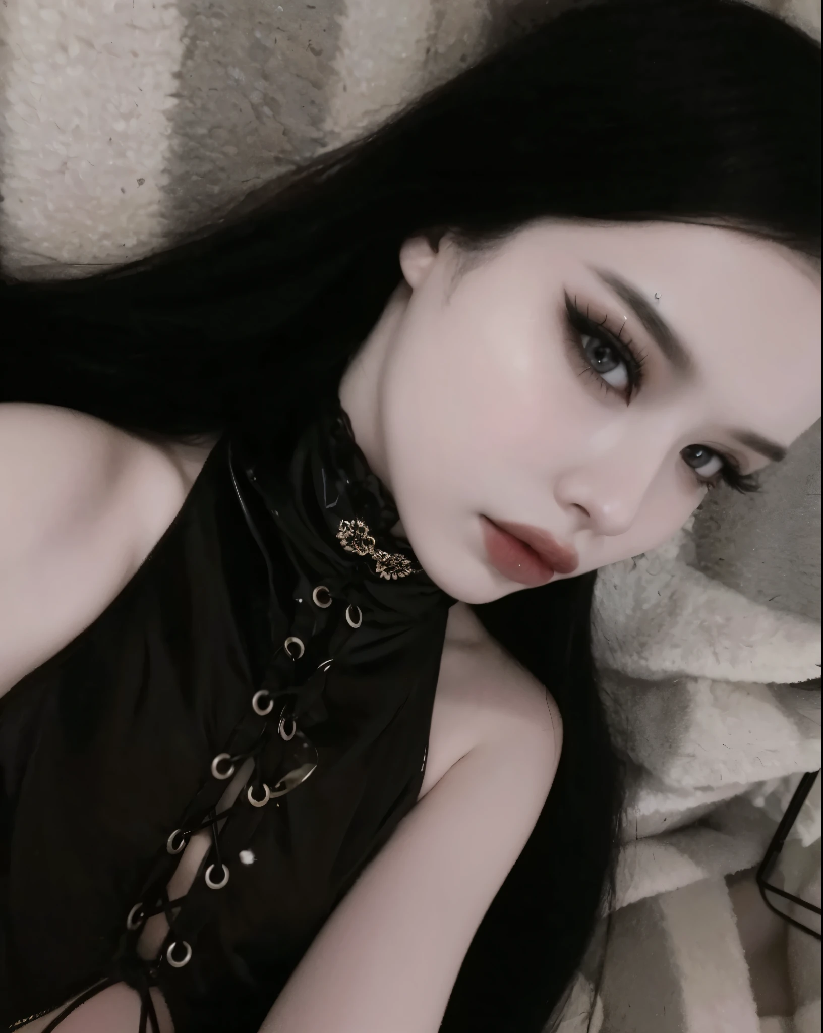 um close de uma mulher com longos cabelos pretos usando um estrangulamento, pale gothic beauty, cruel korean goth girl, goth girl aesthetic, 1 7 year old goth girl, fair and pale skin!!, pale skin and dark eyes, ivory pale skin, pale porcelain white skin, pale white skin, gothic aesthetic, very pale white skin, extremely pale white skin
