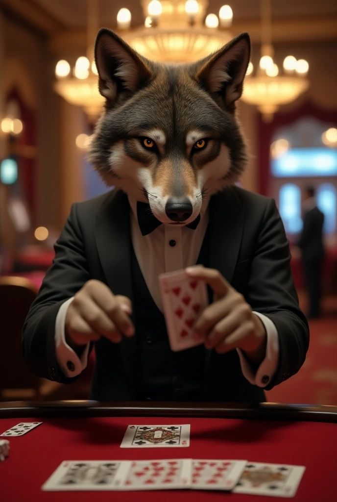 Quiero la imagen de un casino en la noche, con un cartel en el fondo que dice GRUPO DIABLA en letras rojas brilloantes. The casino is full of light and lights that reflect on the cards and coins that cover the gaming tables.
En el centro de la imagen, hay un hombre con un cuerpo musculoso y de color piel oscuro que se sienta a solas en una mesa de blackjack. His face is expressive and full of desire to play., con ojos brillantes y un sorbo irreprimible. T