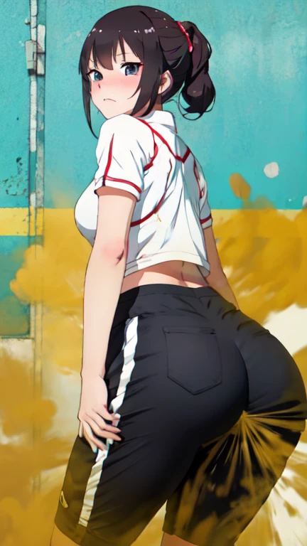 A big chested big booty anime girl does bending over that we see from the back