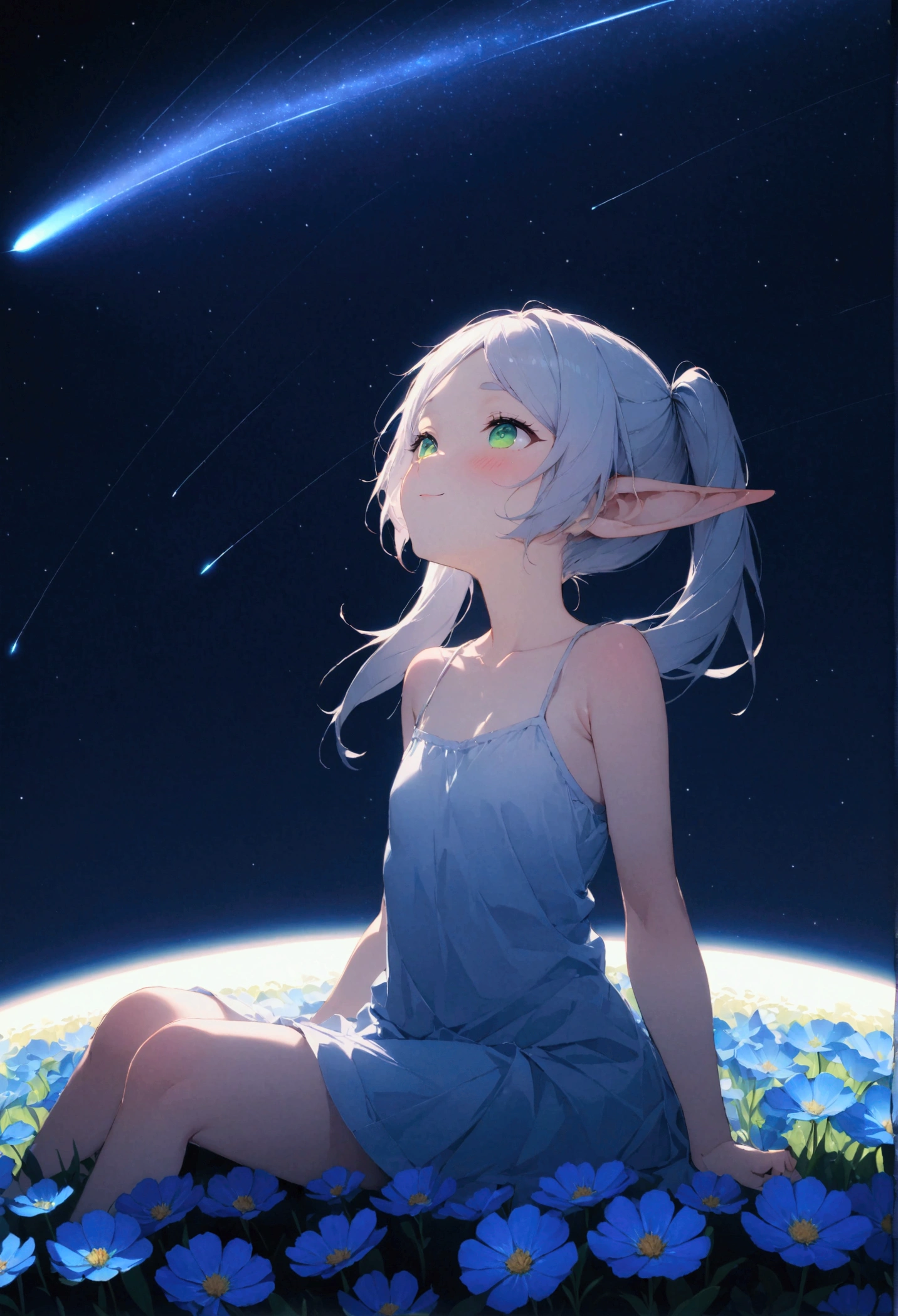  High image quality 、masterpiece、    high quality、Full HD、4K、画面の半分以上をNight Sky、 A girl is sitting on the ground 、Side view、 Funeral Freelen、  silver hair、  twin tails、 Green Eyes、Elf Ears、   white camisole、  flat chest、blush 、 空を look up  、 look up 、smile、Blue Flower Field、Blue Flower Fubuki、Night Sky、  shooting stars、Meteor Shower