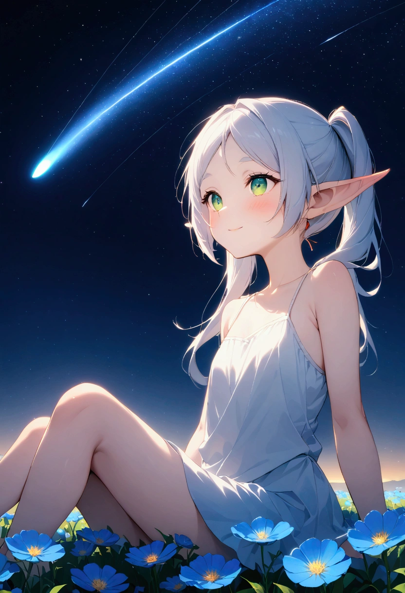  High image quality 、masterpiece、    high quality、Full HD、4K、画面の半分以上をNight Sky、 A girl is sitting on the ground 、Side view、 Funeral Freelen、  silver hair、  twin tails、 Green Eyes、Elf Ears、   white camisole、  flat chest、blush 、 空を look up  、 look up 、smile、Blue Flower Field、Blue Flower Fubuki、Night Sky、  shooting stars、Meteor Shower