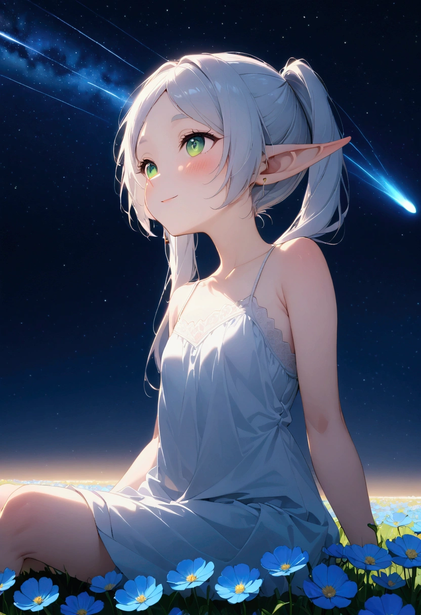  High image quality 、masterpiece、    high quality、Full HD、4K、画面の半分以上をNight Sky、 A girl is sitting on the ground 、Side view、 Funeral Freelen、  silver hair、  twin tails、 Green Eyes、Elf Ears、   white camisole、  flat chest、blush 、 空を look up  、 look up 、smile、Blue Flower Field、Blue Flower Fubuki、Night Sky、  shooting stars、Meteor Shower