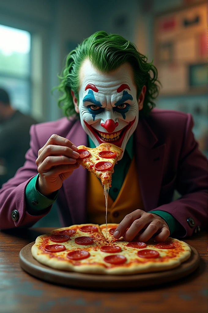 The Joker in a black suit eating pizza