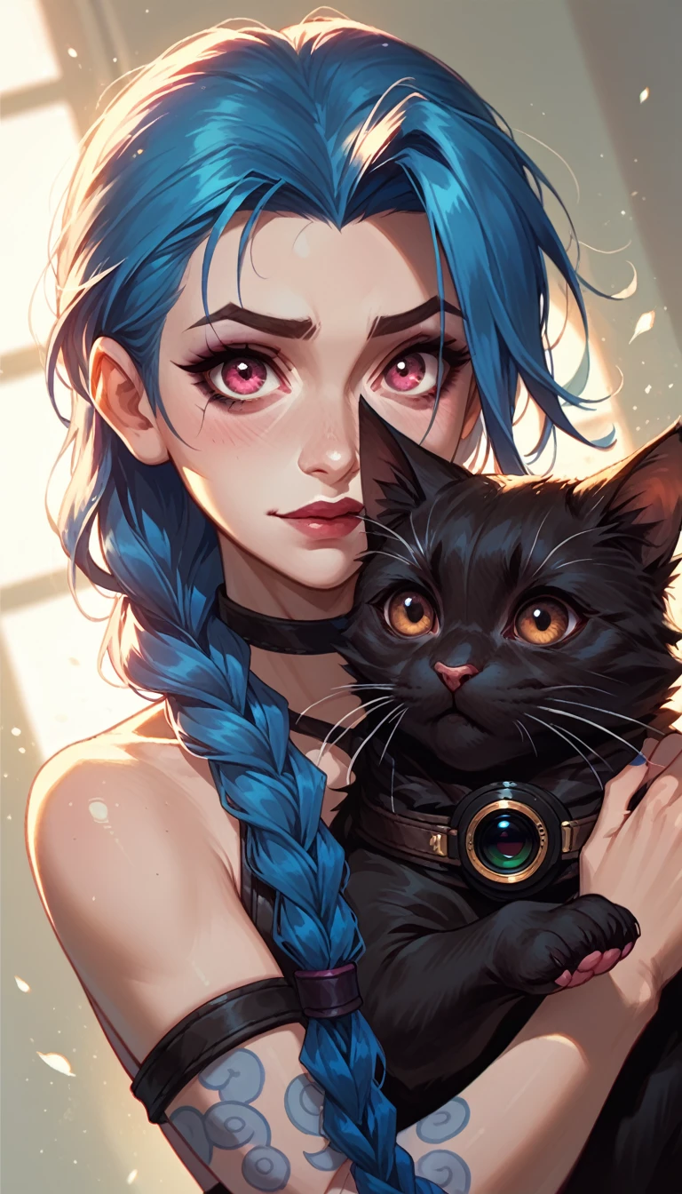 jinx from league of legends, snuggling a black cat in her arms, looking at the viewer. she has pink eyes and long twin braids while the cat has brown eyes. dutch camera angle, close up, warm lighting for the adorable and whimsical mood.