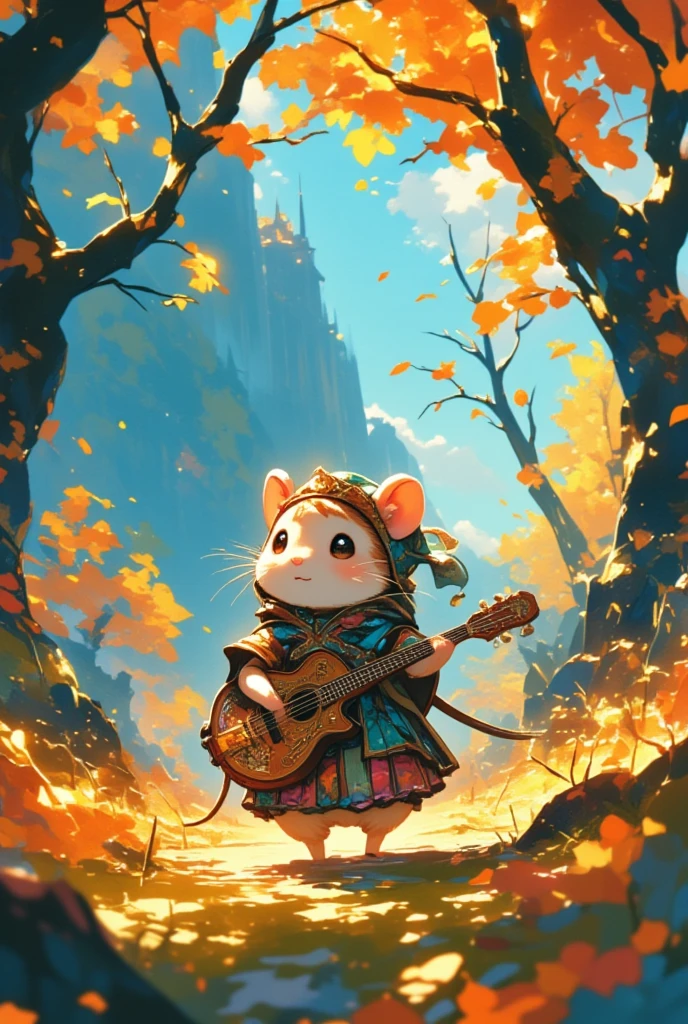 An epic setting takes form in a magnificent woodland painted by autumn’s illustrious hand, where each leaf is a vibrant brushstroke on nature’s vast canvas. Among this living masterpiece strides a creature touched by enchantment—a small, supremely cute hamster, cloaked as a bard of old, bound for quests unknown. Its garb, a resplendent mosaic of twilight blues and dawn golds, tells stories of adventures it has yet to embark upon. Slung over its diminutive shoulder is a mandolin, strung with threads as fine as the first light of dawn, each note calling forth memories of fantastical realms in a serenade to the legendary tales of Zelda. The vibrant world around seems to dance in rhythm with the hamster’s journey, casting a spell of harmony and fantasy that deepens the magic of autumn’s ethereal embrace.