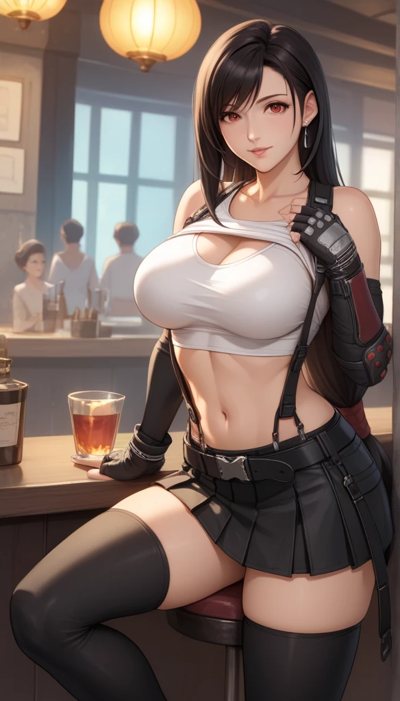 Izayoi Seishin artstyle, (score_9, score_8_up, score_7_up), (best quality, masterpiece),perfect anatomy,(aesthetic,very aesthetic),official style, (ultra-high resolution), 1girl, tifa lockhart, final fantasy,(beautiful woman).tareme, black hair, low-tied long hair, red eyes, bangs, white tank top,gap, belt, pleated skirt, thighhighs, elbow fingerless gloves, elbow pads, midriff, navel,suspender skirt.zettai ryouiki ,(front view),straight-on,(large_breasts:1.2),Solo,mediumshot,looking_at_viewer,contrapposto, vibrant, joyful,cafe and bar, ,Framin,(,tanktop lift),