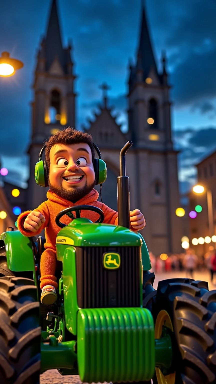 An anthropomorphic chestnut with arms, legs, and a mischievous face is sitting at the wheel of a green John Deere tractor. The chestnut is wearing headphones while driving the tractor with a playful expression.
In the background, the imposing silhouette of the Seu Vella Cathedral stands out against the night sky. Colorful lights illuminate the sky, creating a festive and magical atmosphere around the scene.
The style is completely cartoonish, with exaggerated shapes and a vibrant color palette. The main focus is on the chestnut and her tractor, highlighting them within the nocturnal environment.
Additional details to consider:

Add shadows and lighting effects to give depth and dimensionality to the image
Include small, fun details or elements around the chestnut and tractor
Play with composition and framing to accentuate the chestnut and the cathedral in the background