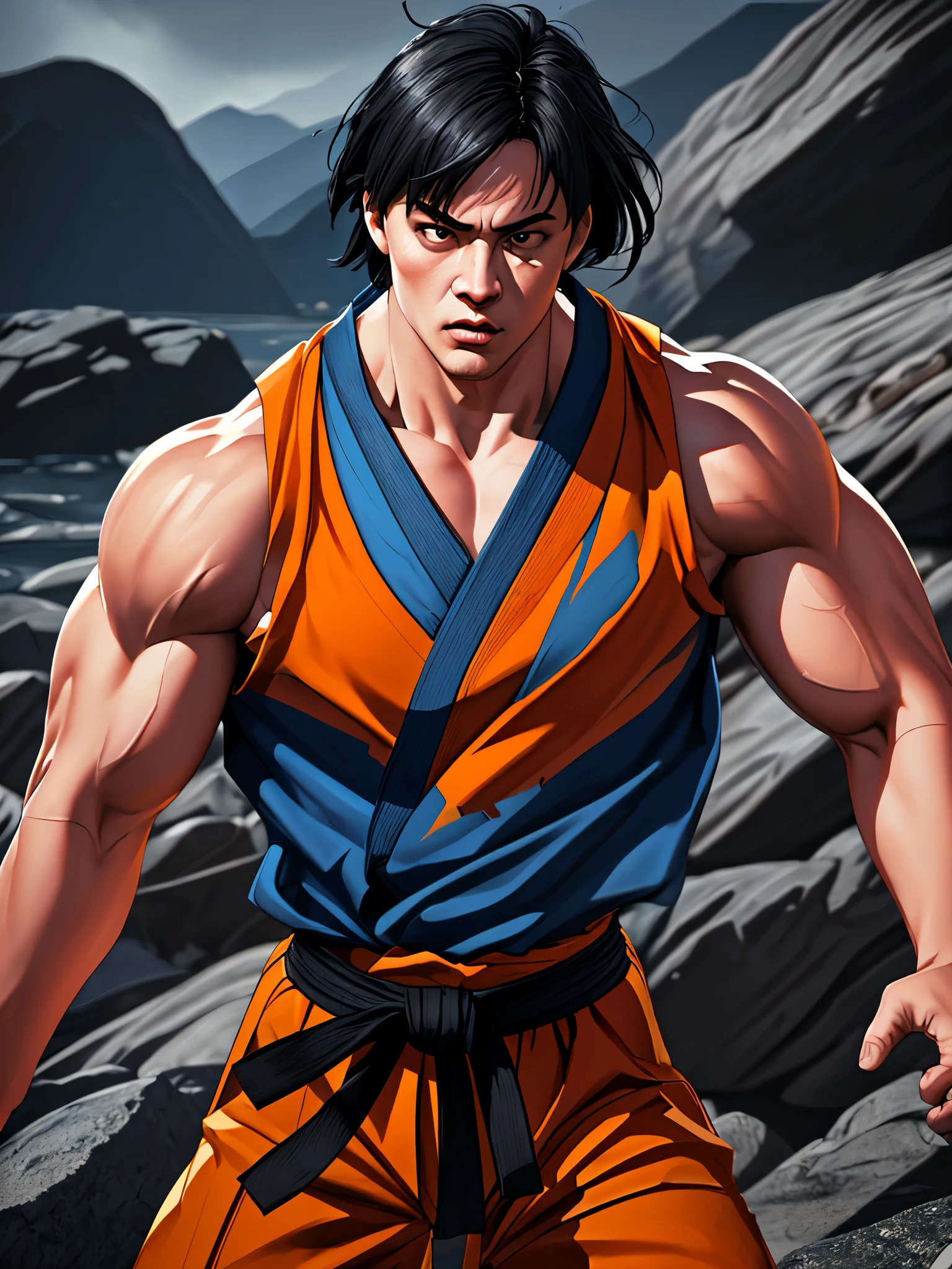 a muscular man with spiky black hair, detailed face, piercing eyes, defined jawline, wearing an orange martial arts uniform, dynamic fighting pose, in a rocky mountainous landscape, dramatic lighting, vibrant colors, cinematic composition, (best quality,4k,8k,highres,masterpiece:1.2),ultra-detailed,(realistic,photorealistic,photo-realistic:1.37),cinematic lighting,dramatic shadows,intense color grading,unreal engine,hyper detailed