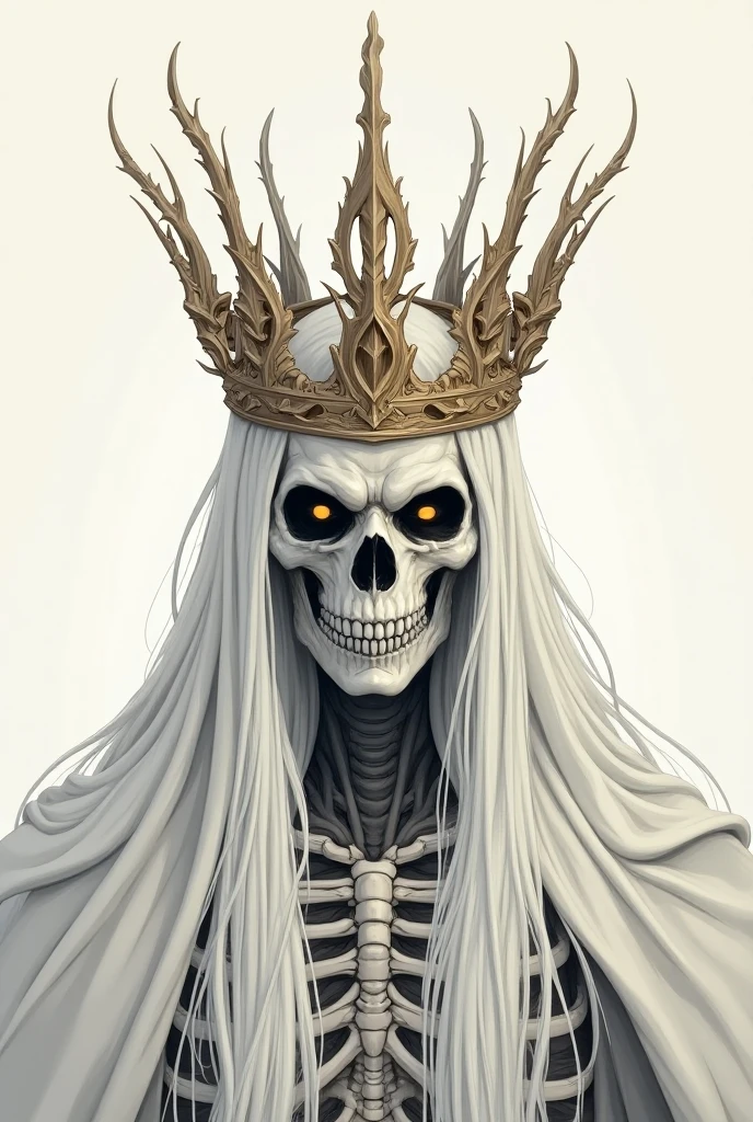 Woman with long hair, ribs appearing, skeleton, crown made of bones, many details, 8k quality, 1080x1080