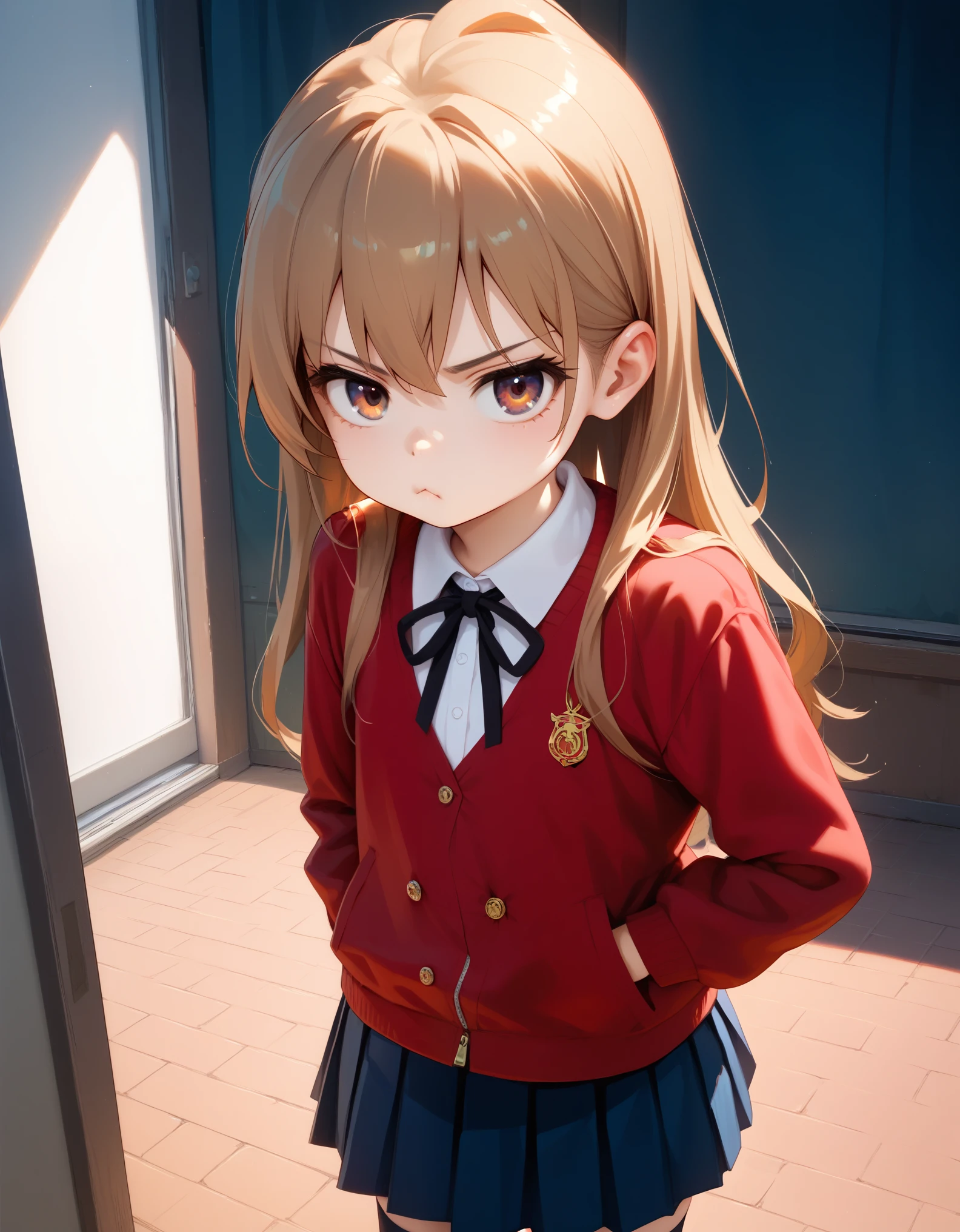 masterpiece, best_quality, 1girl, aisaka_taiga, brown_eyes, brown_hair, long_hair, flat_chest, pleated_skirt, blue_skirt, white_shirt, collared_shirt, black_thighhighs, black_ribbon, neck_ribbon, jacket, red_jacket, pout