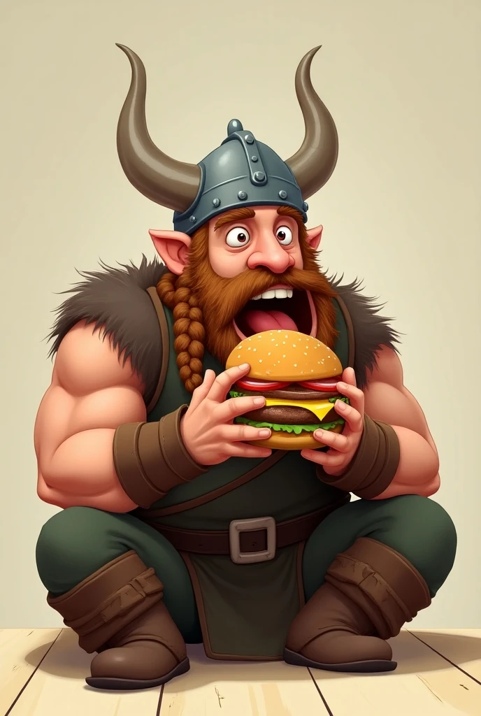Make an image of a barbarian holding a hamburger in a flat style drawing