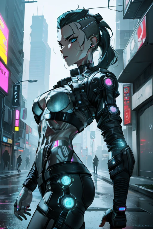 ((High quality)), ((masterpiece)), (realistic:1.4), (sensual:1.3), ((cyberpunk atmosphere of a futuristic Tokyo street)), (vivid neon lights:1.5), (nighttime setting with dense fog and neon reflections), (dark, gritty, urban aesthetic), (cinematic), (8K resolution), (vivid color contrast and deep shadows), (dynamic lighting from neon signage:1.4), (complex and layered background with neon signs and crowded street). In the foreground stands a confident, 35-year-old woman with striking features, her long blue hair pulled into a sleek ponytail, with shaved sides that add a rebellious edge. (Piercing eyes with a fierce look:1.3). She's wearing a black cowboy hat, denim shorts, and a fitted graphic tee, embodying an effortlessly cool cyberpunk style. (Body tattoos:1.4) cover her skin, weaving into the story of her character, and ((cybernetic implants trace circuits across her arms and neck)), giving her an enhanced and edgy look. (USB-like futuristic connector on her temple), giving the impression of seamless integration with technology. (Metallic glints on her cybernetic enhancements:1.3) add a high-tech touch against the neon glow. The street around her is alive with movement, crowded with futuristic figures, hazy from artificial smoke, and vibrant from flickering neon signs in kanji and symbols. (Soft rain lightly falls, creating reflections on the ground:1.3), while (the neon pinks, blues, and greens cast sharp highlights and contrasting shadows), lending a surreal, almost dreamlike quality to the scene. (Emphasis on intricate tattoo patterns and cybernetic details on her skin), (realistic textures:1.3), (cinematic ambiance), (dynamic contrast of lights and shadows).