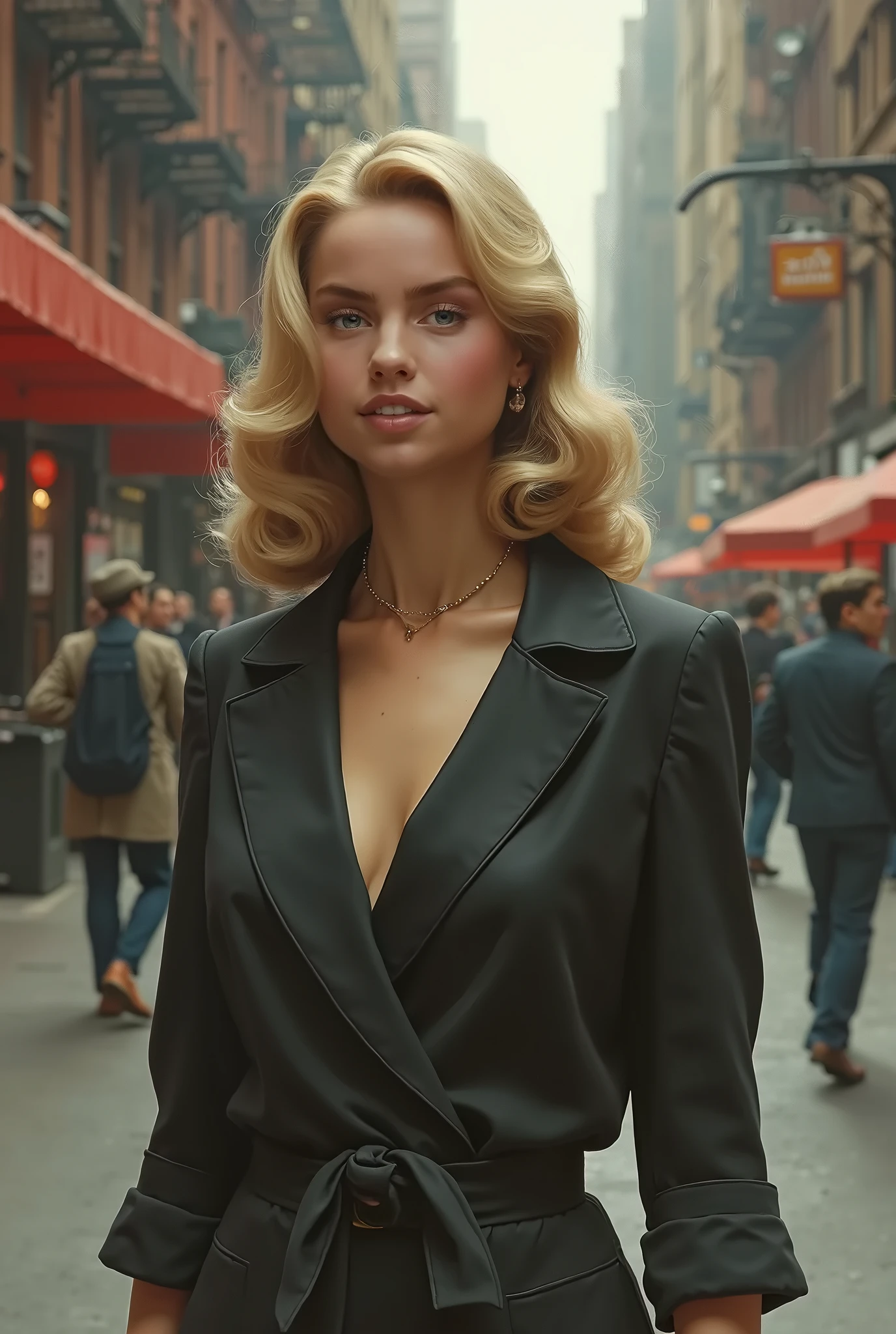 fashion shot of a beautiful blonde woman super model, face perfect, with "yellow lips" and black, high fashion clothes