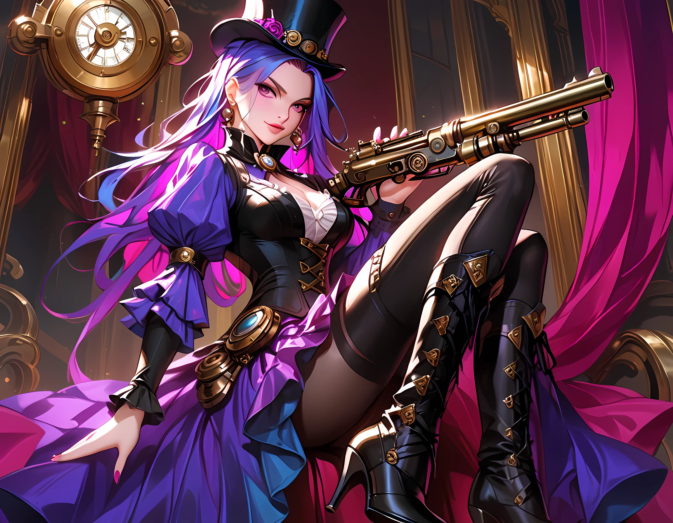 Rarity, Rarity from my little pony, Rarity in the form of a girl, long hair, lush hair, purple hair, curled hair, Steampunk, body from steampunk mechanisms, gold gears, not human, gear leather, purple boots, white suit, diamond earrings, many diamonds, rhinestones, full-length, steampunk style, best quality, very detailed, ultra 8k resolution