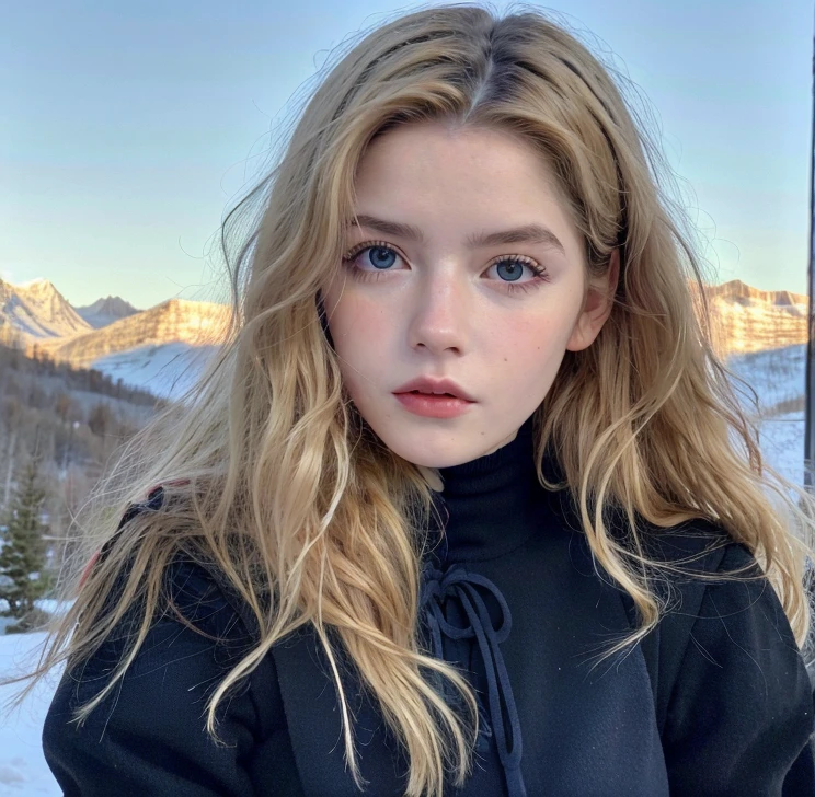 Pretty woman,cute,huge natural breasts, blonde hair curly/flowing, detailed dark BLUE eyes and face, not to skinny, make it ultra-realistic, western european girl, in the snow in the mountains, military uniform (modern military clothing elelments), extremely detailed blue eyes, extremely long wavy blonde hair