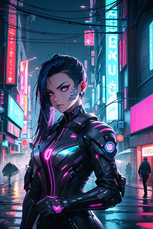 ((High quality)), ((masterpiece)), (realistic:1.4), (sensual:1.3), ((cyberpunk atmosphere on a neon-lit Tokyo street)), (vivid neon lights:1.5), (nighttime setting with dense fog and neon reflections), (dark, gritty, urban aesthetic), (cinematic), (8K resolution), (vivid color contrast and deep shadows), (dynamic lighting from neon signage:1.4), (complex background with neon signs and crowded street).

In the foreground, a confident 35-year-old woman with a fierce look sits at an advanced cybernetic computer, connected directly to it by a sleek cable plugged into her skull. (Piercing gaze fixed on the screen), her long blue hair pulled back in a sleek ponytail with shaved sides, enhancing her edgy look. She wears a black cowboy hat, denim shorts, and a fitted graphic tee, giving her a bold, cyberpunk style. (Body tattoos:1.4) cover her skin, blending with the futuristic implants that run circuits along her arms and neck. (Metallic connector cable embedded in her temple) connects her directly to the digital world, as though merging her mind with the machine.

Around her, the bustling Tokyo street is alive with motion, filled with futuristic figures and dense artificial smoke. (Rain falls lightly, casting reflections on the ground:1.3), while neon pinks, blues, and greens reflect off her cybernetic enhancements and create intense contrasts across her form. The scene has a surreal, dreamlike quality, where technology and human essence blur. (Focus on intricate tattoo patterns, cybernetic textures, and her concentrated, intense expression), (realistic textures:1.3), (cinematic ambiance), (dynamic contrast of lights and shadows).

