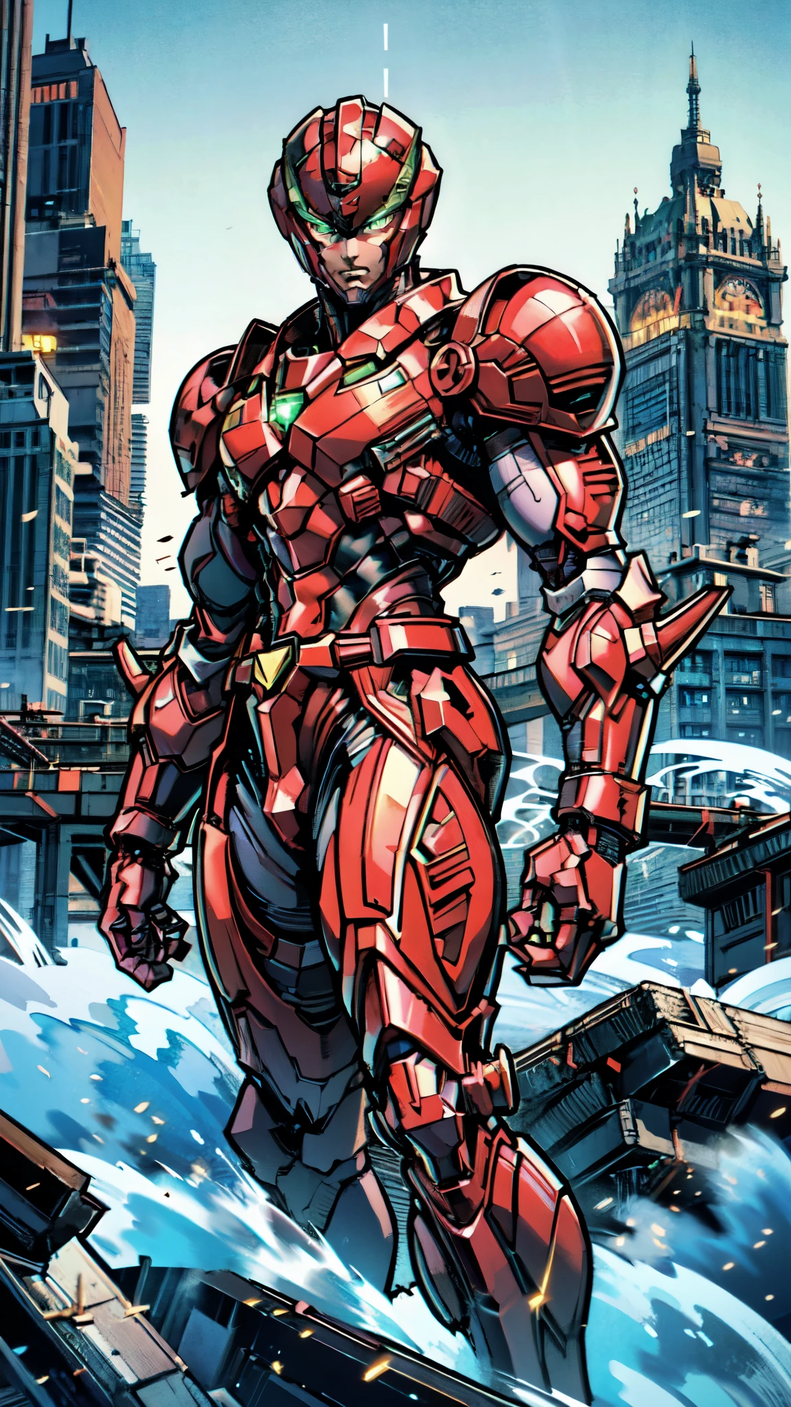 (masterpiece:1.5, best quality:1.5, extremely delicate:1.5), ((male:1.5)), a man wearing a full-face helmet, green eyes, fantasy-style high-tech biomimetic armored combat suit, (a composite layered chest armor), the design balances heavy with agility, fully enclosed shoulder guards, matching arm and leg guards, a belt of gemstone, (the color scheme is primarily Red with Green and White accents, Organic Biotech, Concept Inspired by Iron Man, glowing eyes, armor glows, stand of a futuristic sci-fi city), this character embodies a finely crafted fantasy-style armored hero in anime style, exquisite and mature art style, metallic, high definition, highres, ultra-detailed, ultra-fine painting, professional, perfect body proportions, golden ratio, anatomically correct, symmetrical face, extremely detailed eyes and face, high quality eyes, creativity, RAW photo, UHD, 32k, Natural light, cinematic lighting, masterpiece-anatomy-perfect