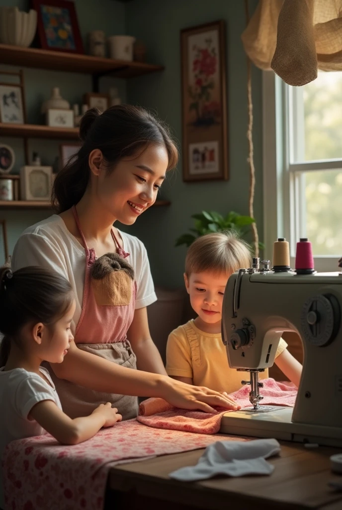 Young seamstress with her daughters