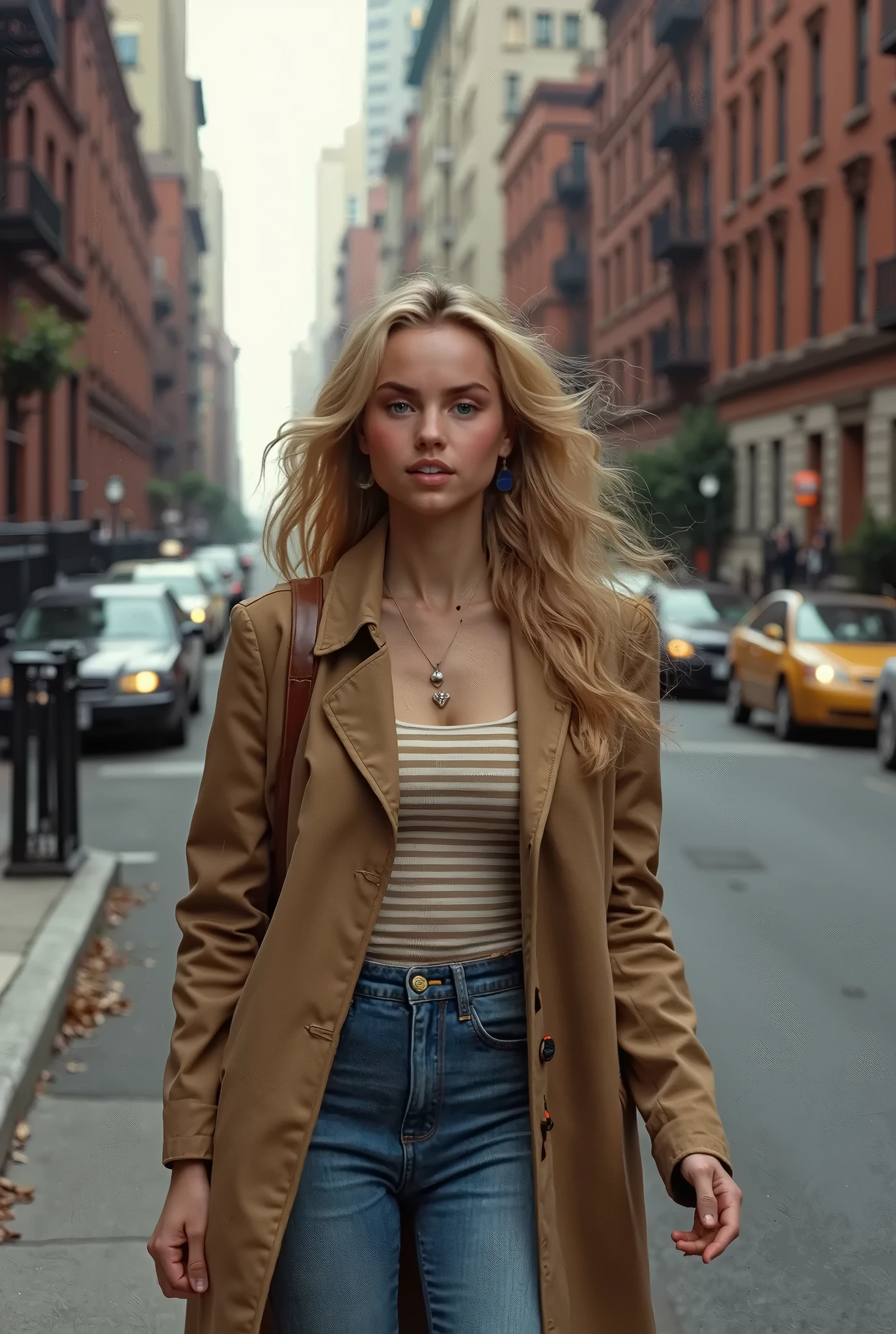cinematic photo sfw, best quality,(very detailed face),(photorealistic), absurdres, blonde hair, blue eyes, Kate Upton wearing Vest and Bell-bottom pants: Pants that flare dramatically from the knee down, often associated with 70s fashion., realistic , Slight head tilt pose, by Elliott Erwitt, luminous, dynamic composition, rich textures, . 35mm photograph, film, bokeh, professional, 4k, highly detailed