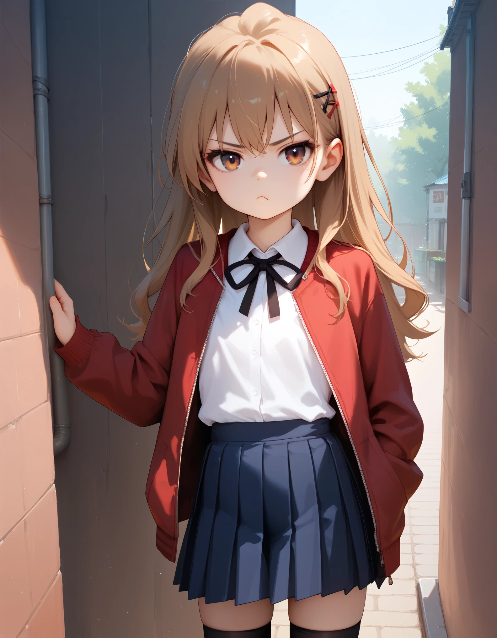 masterpiece, best_quality, 1girl, aisaka_taiga, brown_eyes, brown_hair, long_hair, flat_chest, pleated_skirt, blue_skirt, white_shirt, collared_shirt, black_thighhighs, black_ribbon, neck_ribbon, jacket, red_jacket, pout