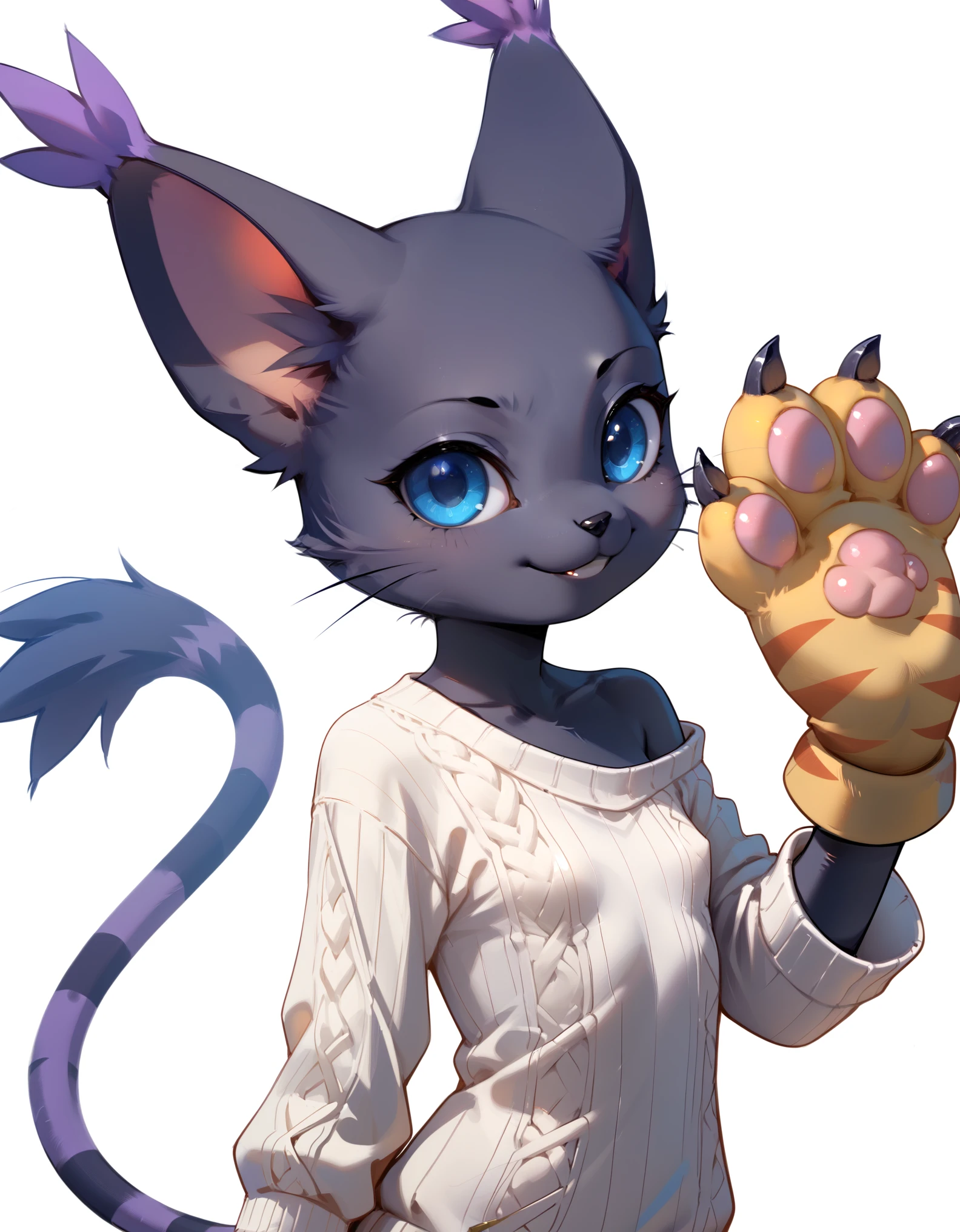 score_9, score_8_up, score_7_up, rating_safe, gatomon black, wild, (digimon), solo, alone, looking at viewer, blue eyes, black fur, striped tail, gloves, paw shaped gloves, paw pads,, digital_media_(artwork) hi_res, beautiful, anthropomorphic, furry, female, slim, slender, small breasts, cute, big sweater, blonde fur, beautiful blue eyes, smile, alone, nsfw, black Gatomon, Black Tailmon, no pants, white background