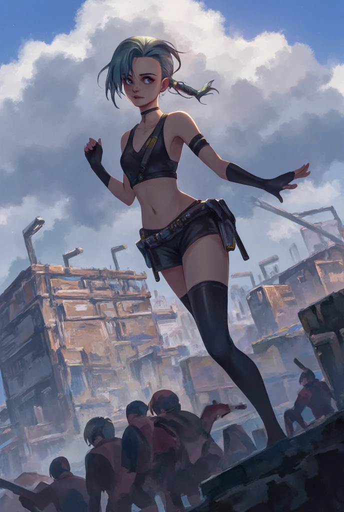 anime style, Jinx \(league of legends\), Valkyrie, Jinx runs on the roof, with a group of residents annoyed by her pranks behind her. She turned around and made a grimace, her weapon ready to fire at any moment, against the backdrop of intricate Zu'an buildings and pipelines, best quality, masterpiece, intricate details, ultra-detailed