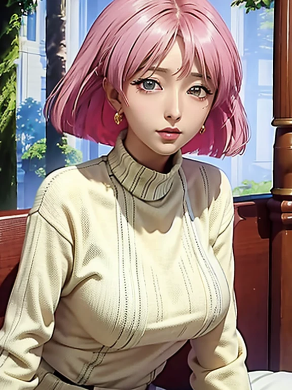 (masterpiece,  best quality:1.2),Anri Okita,  alone,, Sophisticated eyes ,Exquisite hair color，(  Wear a sexy sweater:1.2)，Soft tones，超 big breasts , big breasts ，  big breasts 尺寸 ， big breasts , Breasts are very， pink lips 