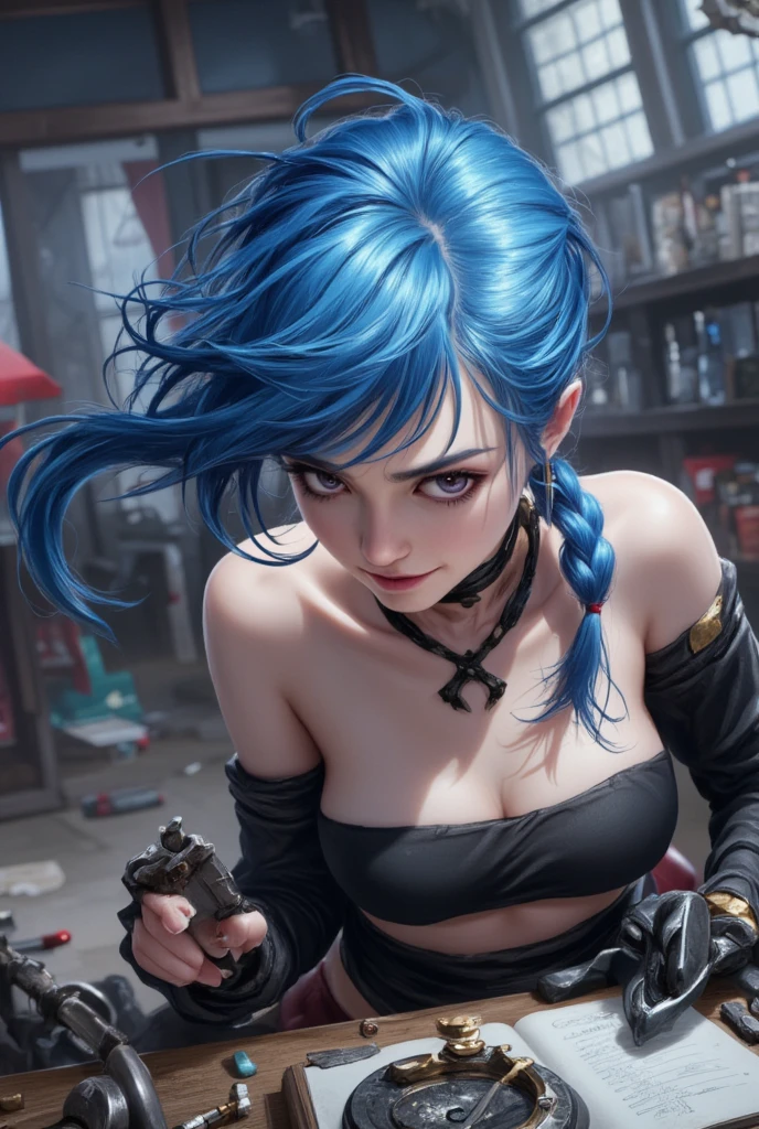 anime style, Jinx \(league of legends\), Valkyrie, Jinx is transforming her weapons and equipment, surrounded by various tools and mechanical parts. She was fully focused on her work, occasionally looking up at the camera with a smug smile, against the backdrop of a workshop filled with gears and machinery, best quality, masterpiece, intricate details, ultra-detailed