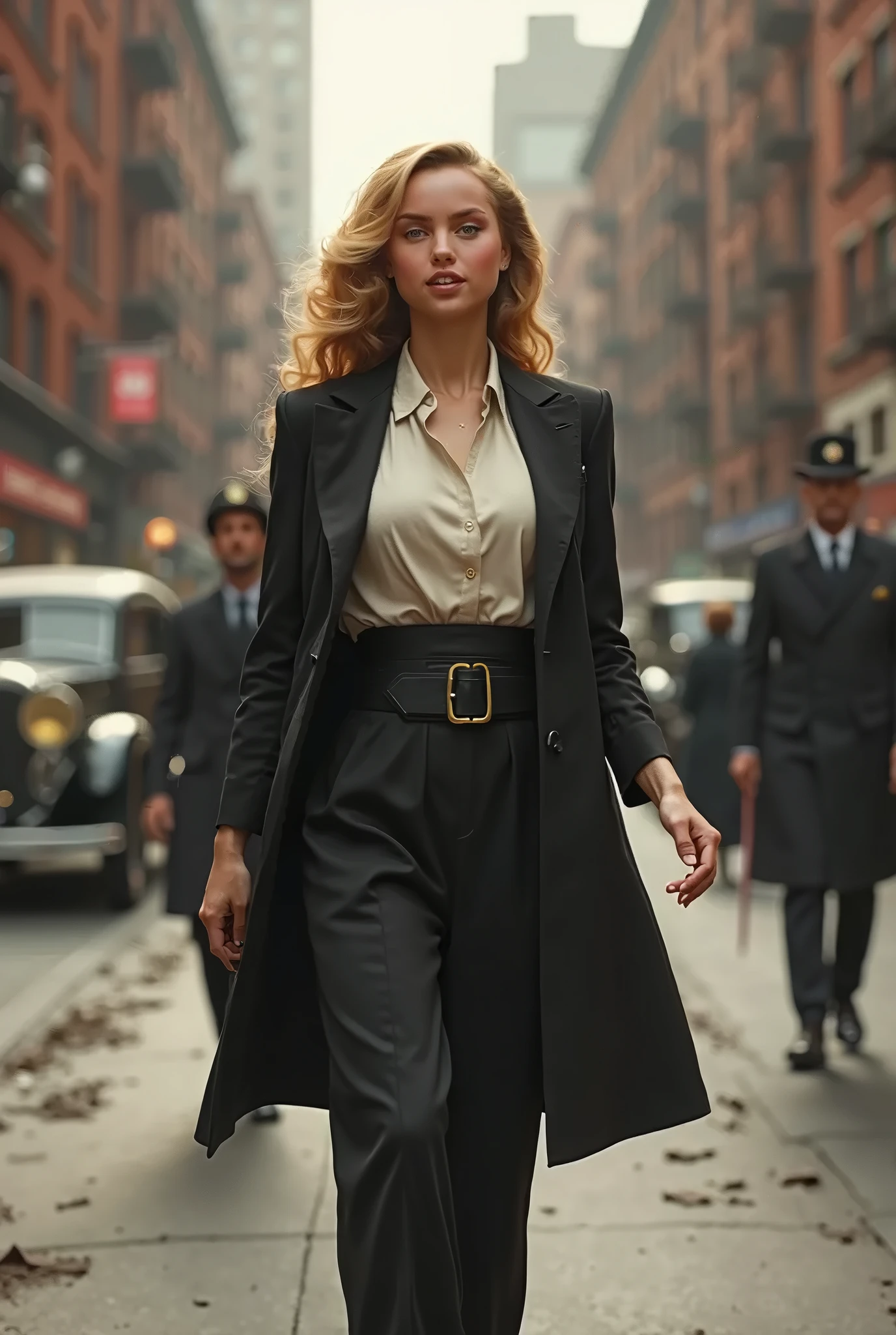 Woman in black coat and pants walking down a city street - SeaArt AI