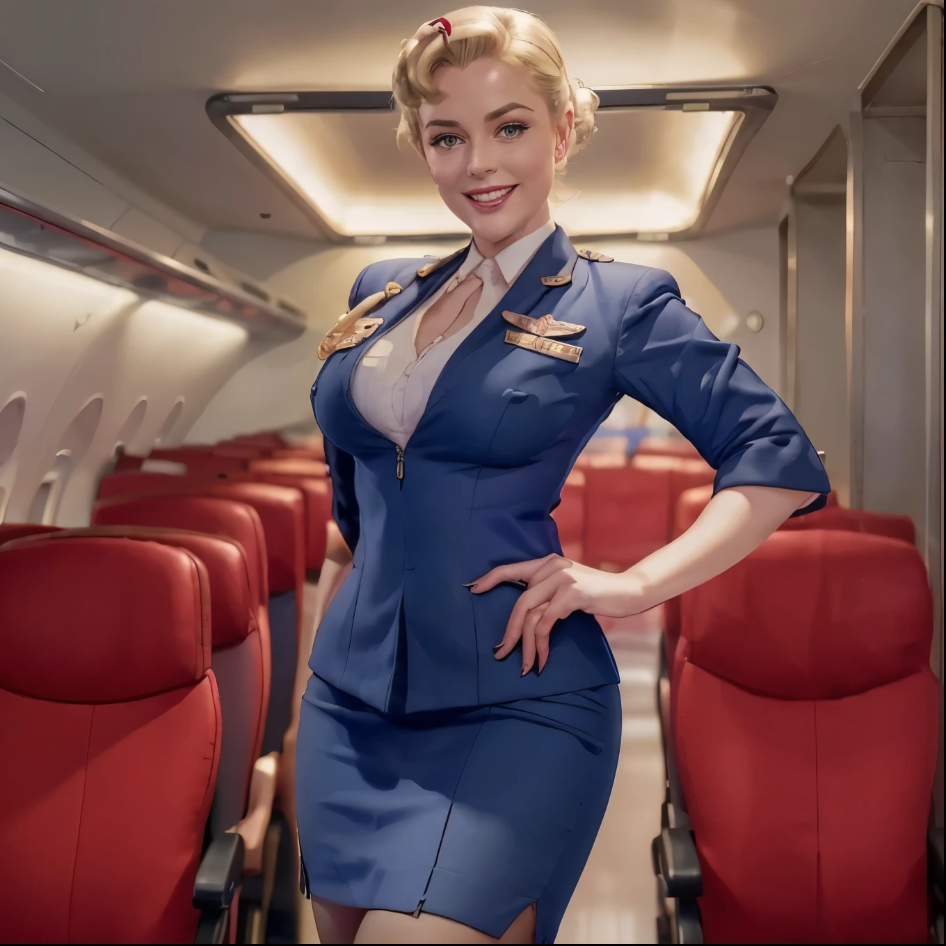 nsfw, photorealistic, beautiful face, (masterpiece:1.4), (best quality:1.4), extremely detailed, hyper-detailed, soft lighting, 38 years old beautiful 1950's pin-up stewardess standing in the aisle of a crowded airplane, big breasts, erected hard nipples, one short blonde hairbun, shaved pubic area, (perfect_face), dressed in an unbuttened darkblue flight attendant uniform open in front, stewardess, lace stockings with suspender belt, high heels, golden jewellery, intricate, 4k, detailed_background, full_body, realistic, 8k, sexy, stressed smile, very stressed facial expression, G3orgePetty, pinup512, edgQuality, Fixhand, uniform