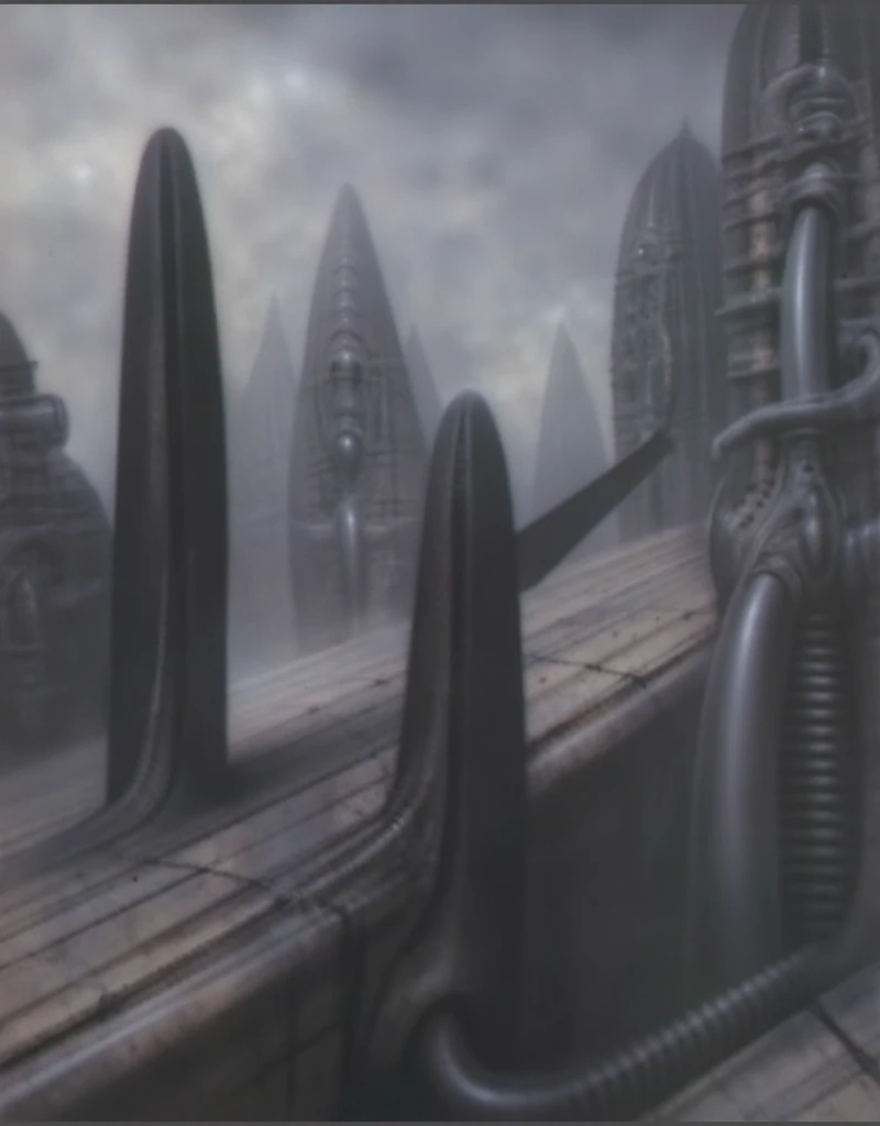 HRGGR, The image is a detailed view of H.R. Giger's biomechanical tableau \" LANDSCAPE No 312 \" plate, featuring ( Giger's is a fantasy-style illustration of a complex, intricate mechanical structure, resembling a futuristic city or fortress, with a central Towering design and multiple levels and towers, reminiscing Boeklin painting ), (best quality:1.4).The piece is a tableau, most likely created with a India ink pen or pencil on paper, determined by the thin lines, shading techniques, and the texture of the paper, which is visible around the edges. Used is pen, given the shading and variations in line weight visible in the image. Artist have used a variety of stylus with different degrees of hardness to achieve the shading effects. The use of undersaturated green-grays dark contrasts creates a stark and graphic look. Is used a variety of linework techniques to create different textures. Fine, parallel lines create a smooth, metallic texture,while thicker, more cursive lines suggest cables or wires. Light source from the top highlights skeletals, pper part of foreground, lower part of image is in shadowupper part of foreground, lower part of image is in shadow. The art performance showcases the artist’s skills in observation and rendering. The level of detail in the piece suggests a close study of real bone specimens and mechanics. The artist has skillfully used shading techniques to create a convincing illusion of three-dimensionality on a flat surface. The wrinkles and cracks in the surface, and the cast shadows with accuracy, used shading techniques to create a realistic depiction of light and shadow on the objects. This creates a sense of depth and dimension in the image. The artist has used careful linework to depict the contours and textures in the piece Sharp focus on foreground elements illustration. Deep and delicate DOF. Big painting. Stored in Louvre masterpiece, ooze soaked pajama top