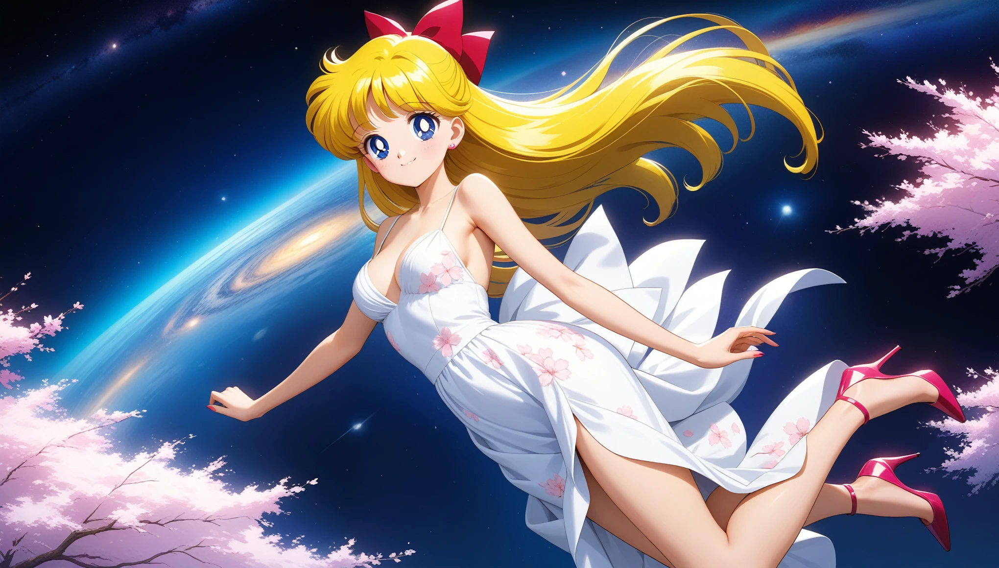 colorful, (masterpiece, best quality, very aesthetic , ultra detailed), intriguing details , 4K, aavenus, long hair, blonde hair, hair bow, combed to the side, earrings, blue eyes, 1girl, full body in jump, cute white dress, pink cherry blossoms printed, stiletto heels, smile, detailed galaxy in space background, intricate details, black night, Various sexy poses、Depicts the whole body