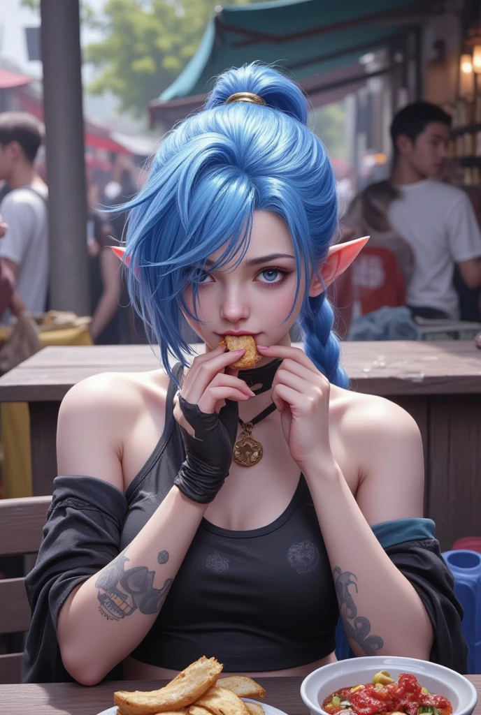 anime style, Jinx \(league of legends\), blue hair, Jinx sits in front of a street food stall, munching on city signature cuisine. Her face was covered in food residues, surrounded by bustling markets and various snack stalls, showcasing her enjoyment of life, Valkyrie, best quality, masterpiece, intricate details, ultra-detailed