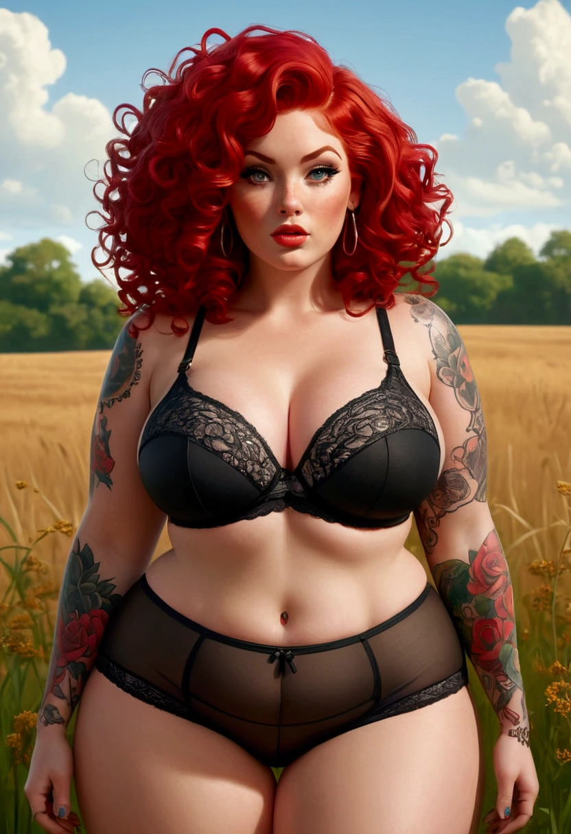 illustration of a thicc beautiful curvy women standing in open field.look at the viewer The person is viewed from the front, short shorts, wearing  thin black lace enormous bra fuller cup size 75h They have tattoos on their arms and back, featuring various designs like scary things and text. Their red hair curly 