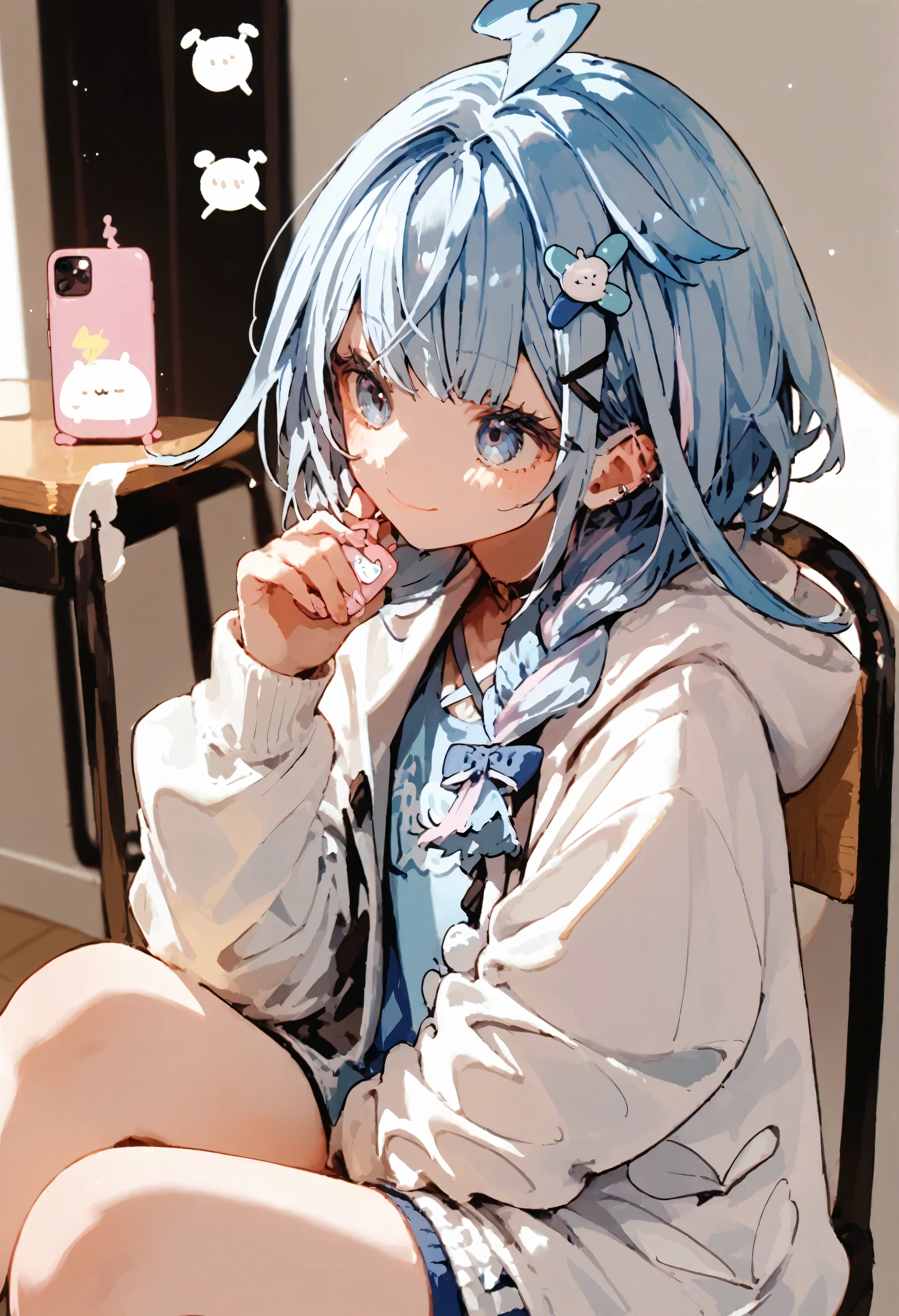 score_9, score_8_up, score_7_up, source_anime, anime, BREAK, 1girl, mizumiyasu, light blue hair, smile, hoodie,cowboy shot,sitting,chair,phone,hair ornament, 