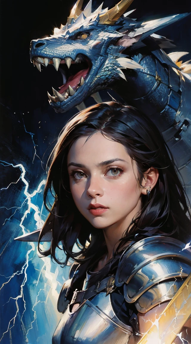 (((masterpiece,8k,high quality,detailed face)))photorealistic,RAW photo,female knight,armor,monster hunter,stylish,(dragon scale armor),blue lightning bolt,mullet hairstyle,giant sword,huge sword,wild nature oil painting